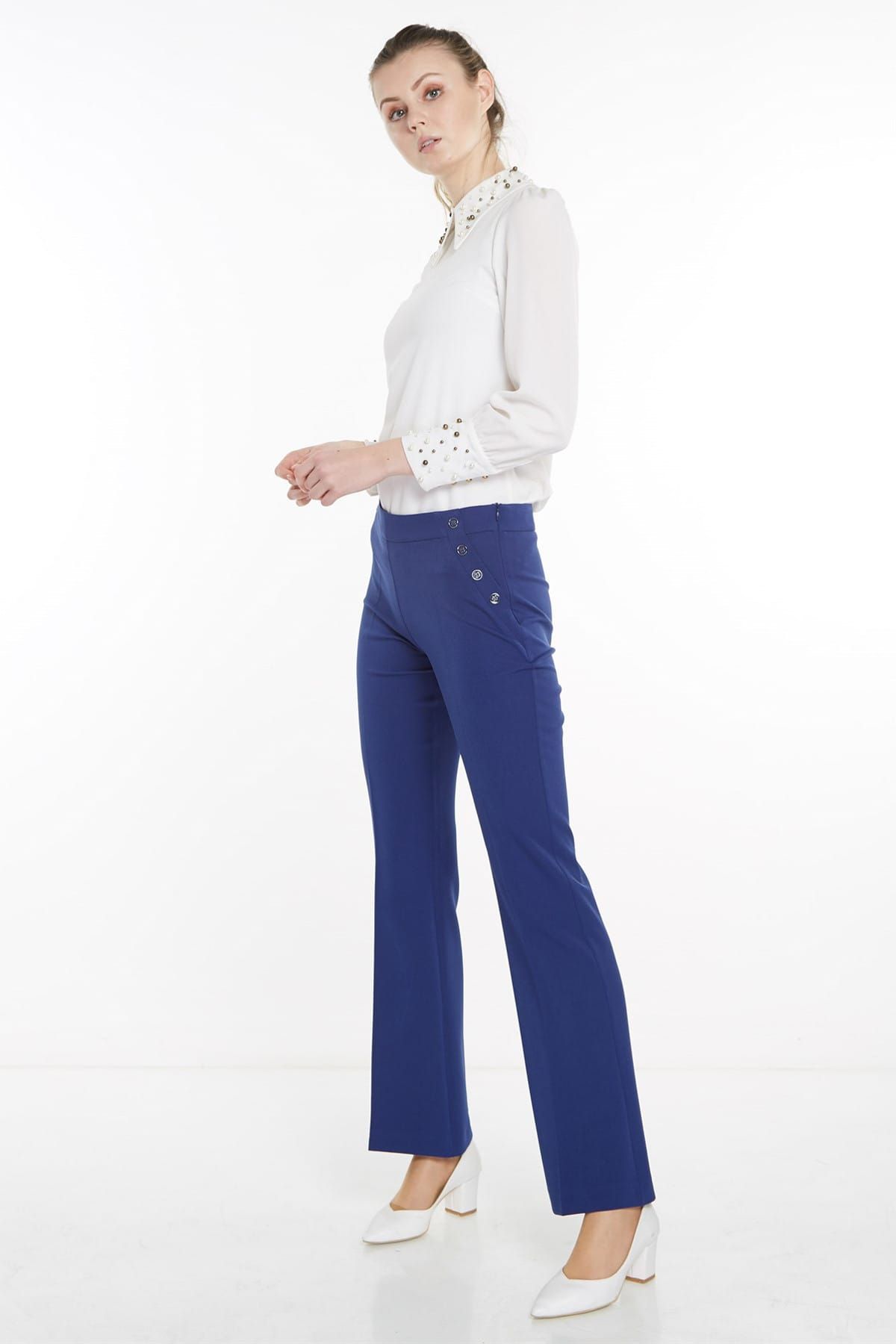 Nihan Kadın Saks Düğme Detaylı Boru Paça Pantolon X3238