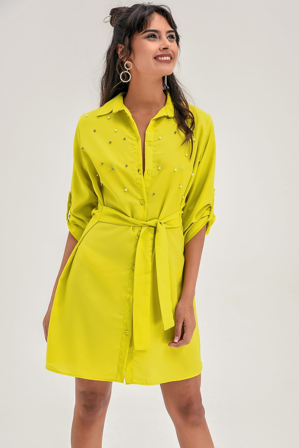 Cool & Sexy Kadın Yeşıl İncili Gömlek Elbise Q717