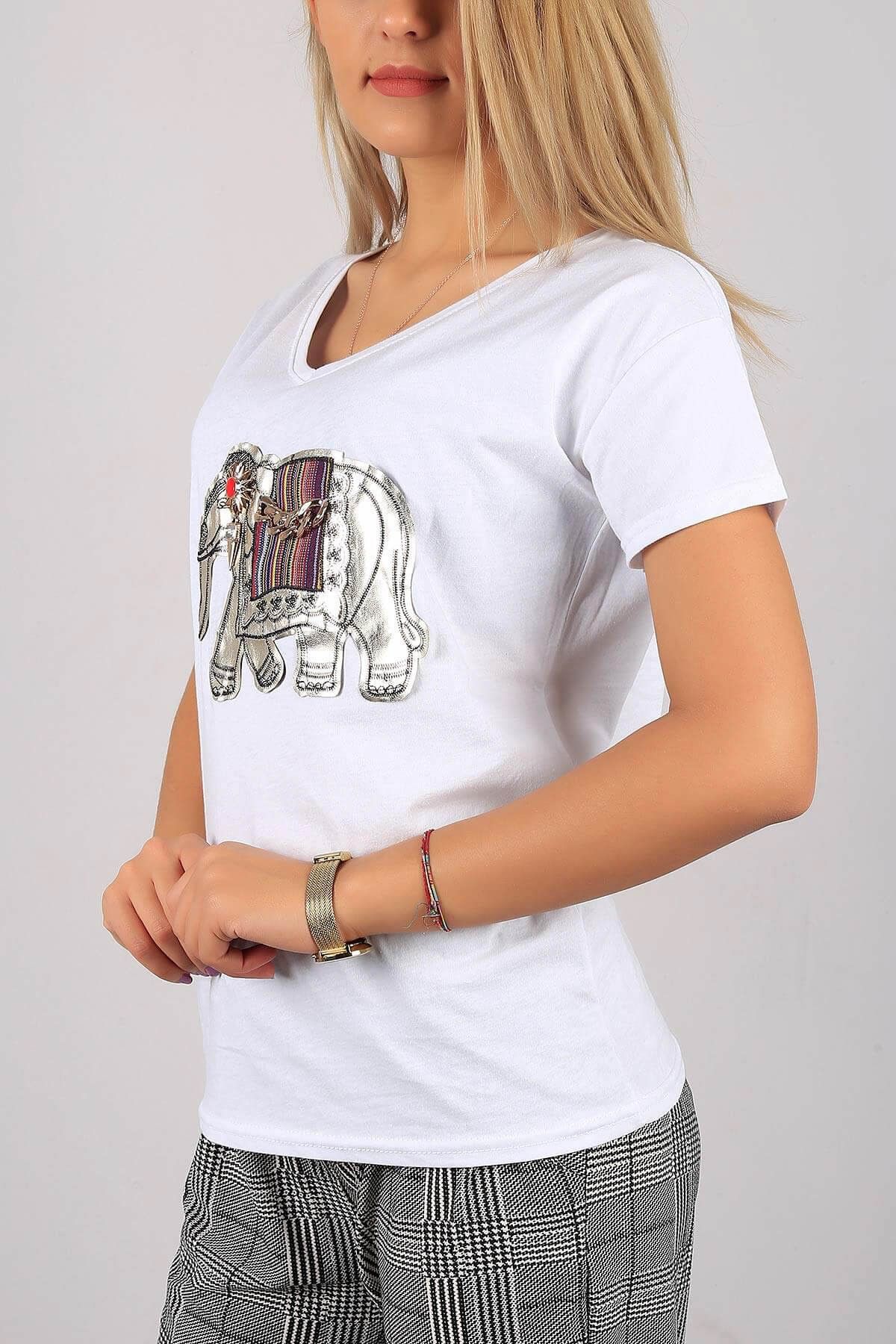 modamızbir Kadın Beyaz Fil Detaylı V Yaka T-shirt 301-6233BG