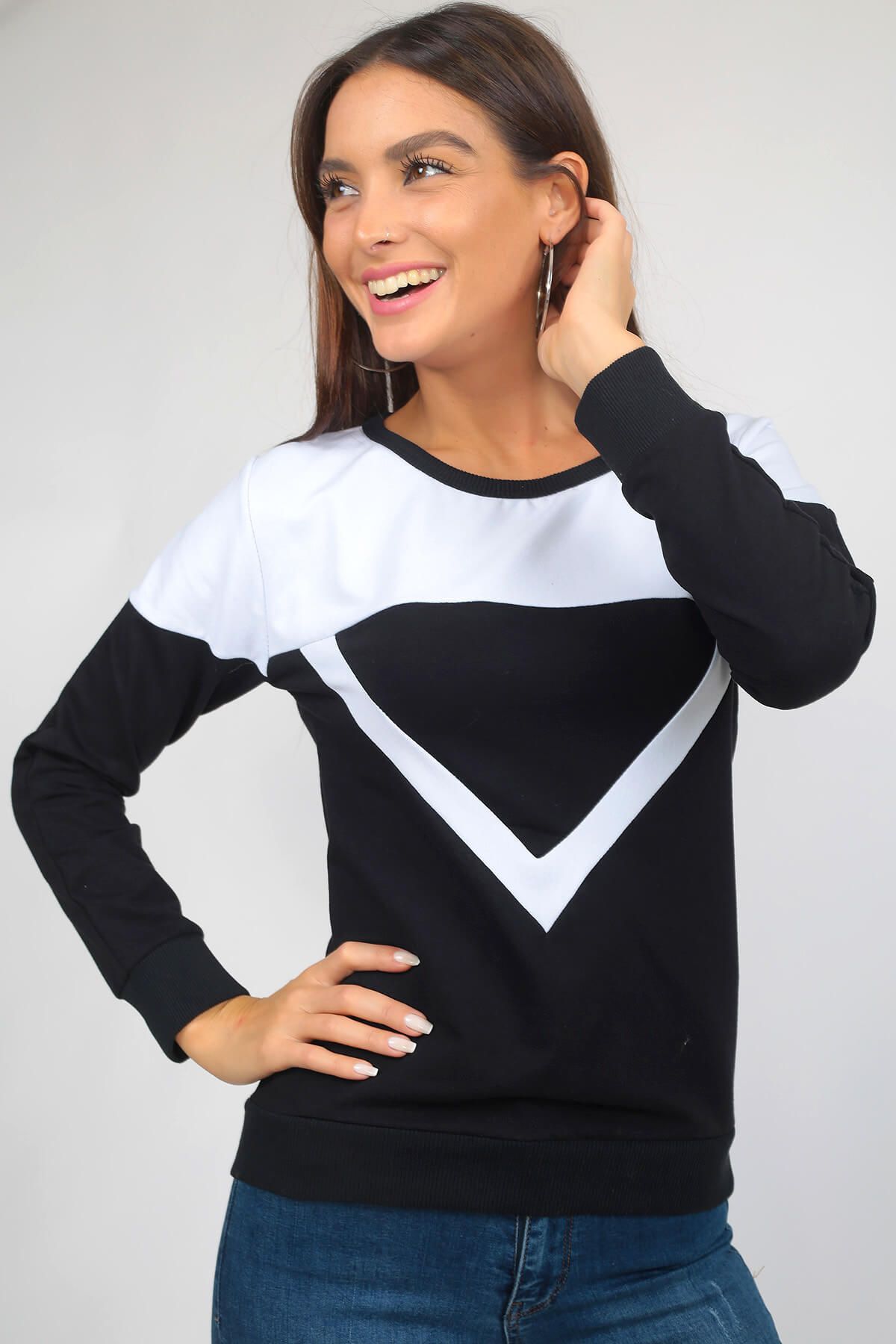 By Saygı Kadın Siyah Önü Verev Çizgili İki İplik Sweatshirt S-19K3340001