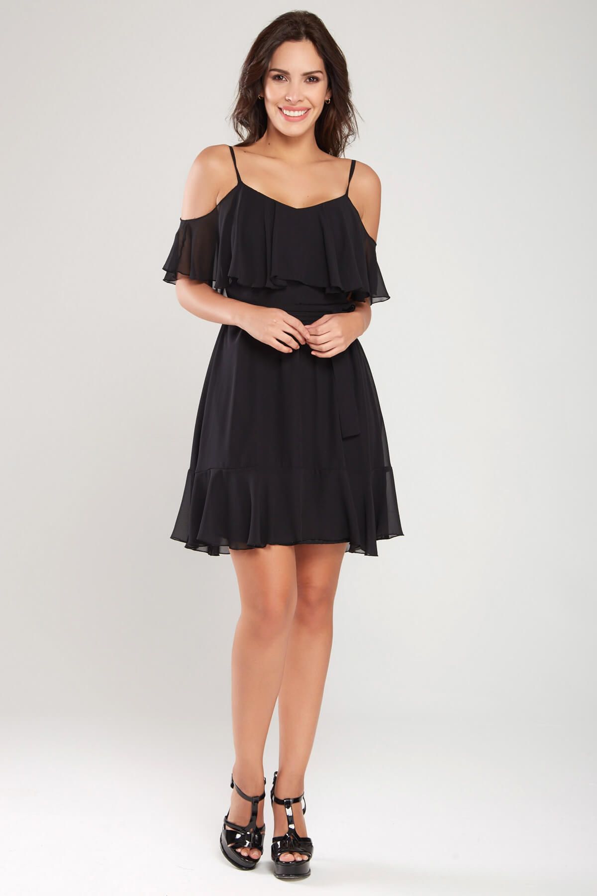 Laranor Kadın Siyah Volan Detaylı Şifon Elbise 18L6332