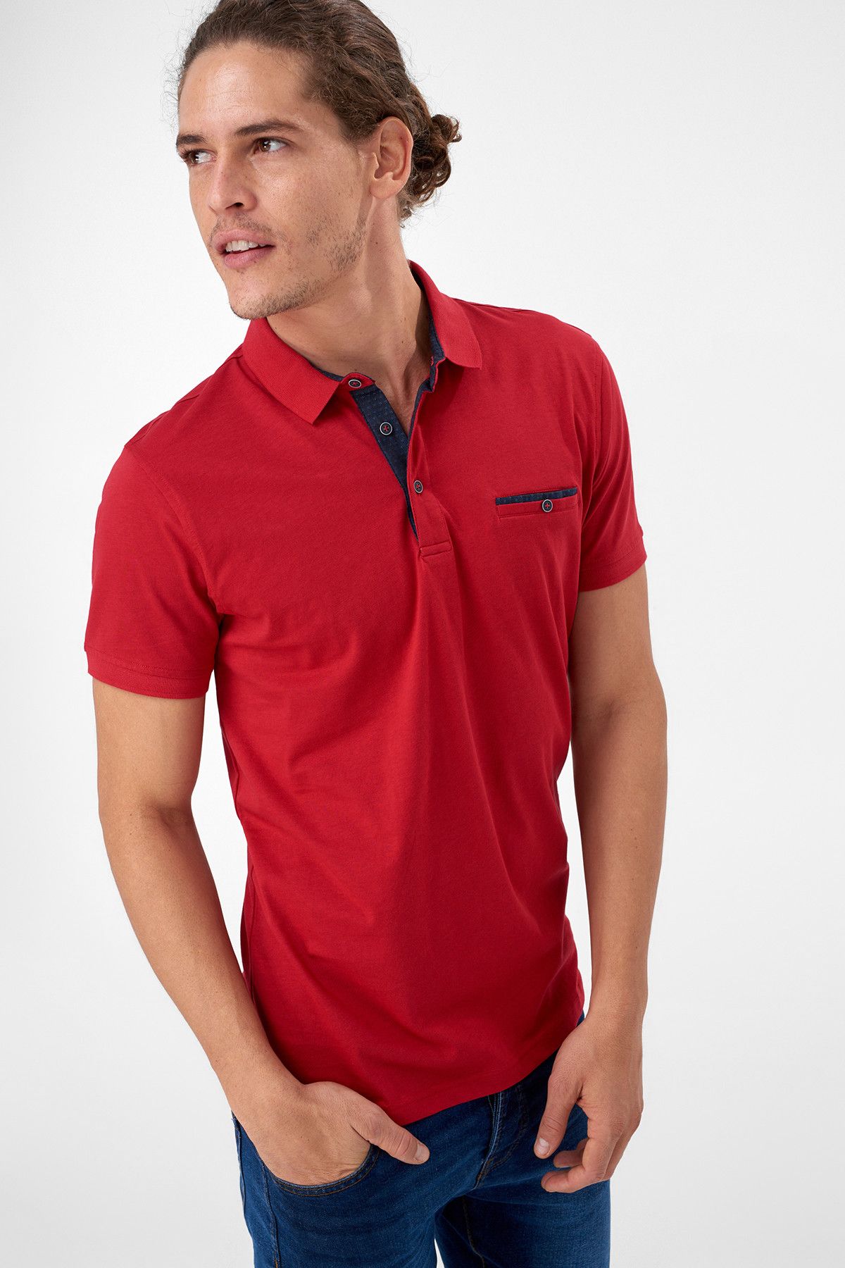 TRENDYOL MAN Kırmızı Erkek T-Shirt -  Polo Yaka Fileto Cepli