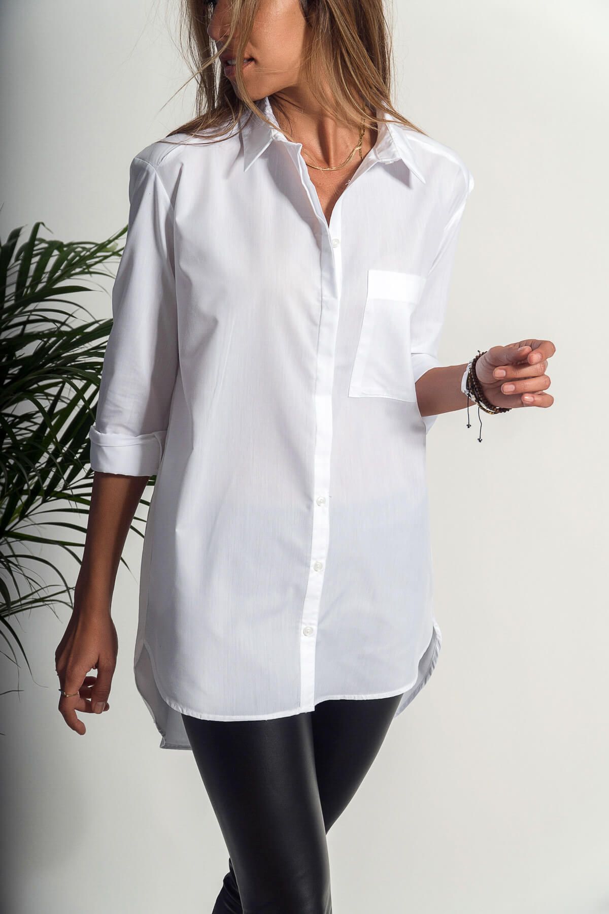 Trend Alaçatı Stili Kadın Beyaz Yanı Gizli Cepli Gömlek AYN-3108
