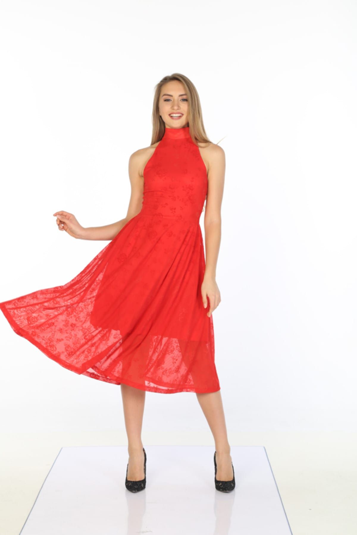 Hanna's Kadın Kırmızı  Kadife Flok Baskılı Kolsuz Elbise Hn374