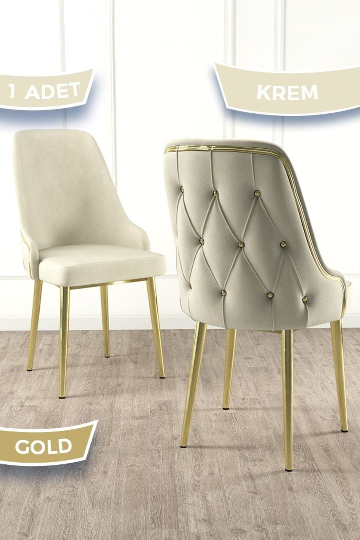 Canisa Concept Krax Serisi 1.sınıf Babyface Kumaş Yemek Odası Sandalyesi Gold Metal Ayak 1 Adet Krem Sandalye