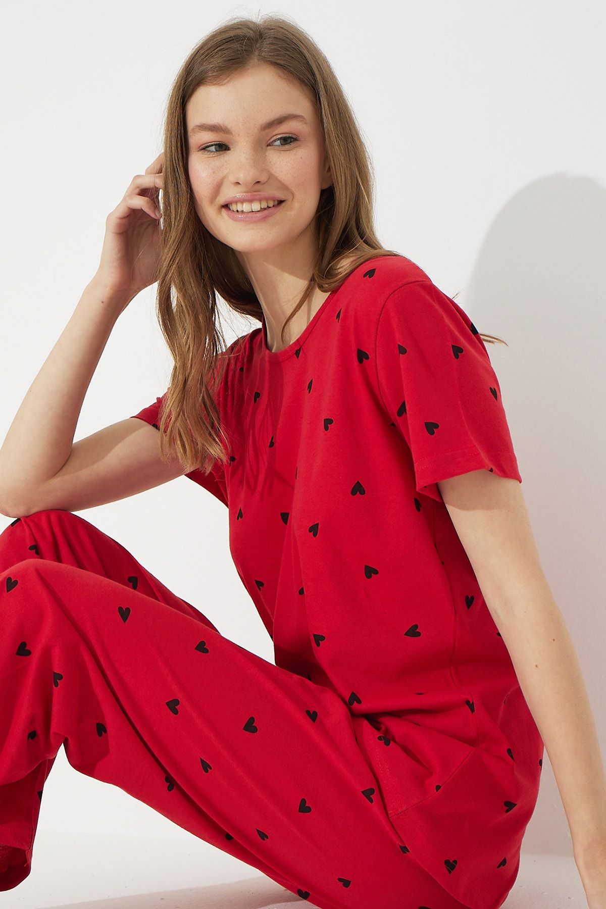 Siyah İnci Kırmızı Kısa Kollu Pamuklu Pijama Takımı