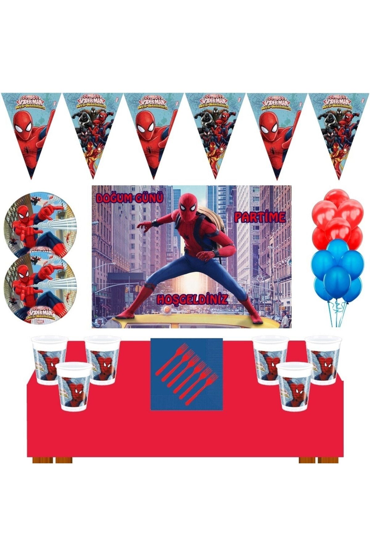Spiderman Parti Malzemeleri Mega Boy Afişli 8 Kişilik+ Doğum Günü Süsleri