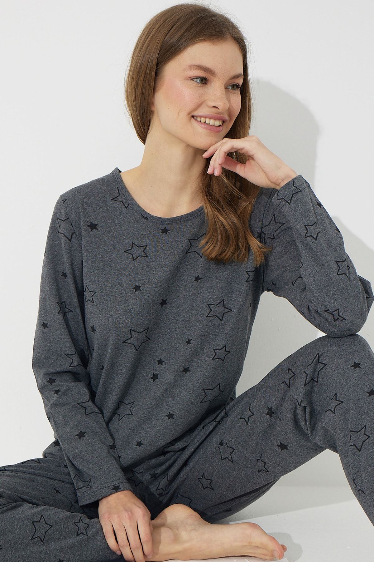 Siyah İnci Antrasit Pamuklu Pijama Takımı