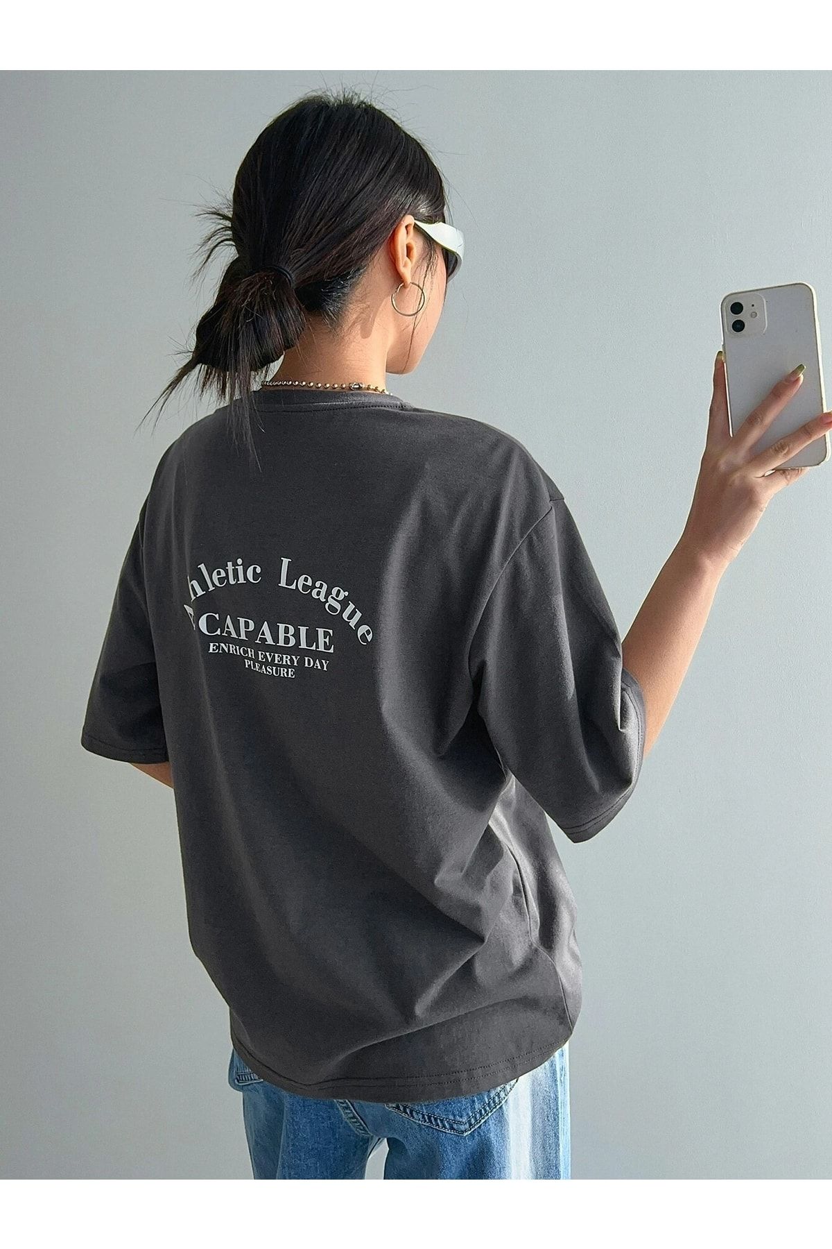 Trendseninle Kadın Füme Oversize Capable Baskılı T-shirt