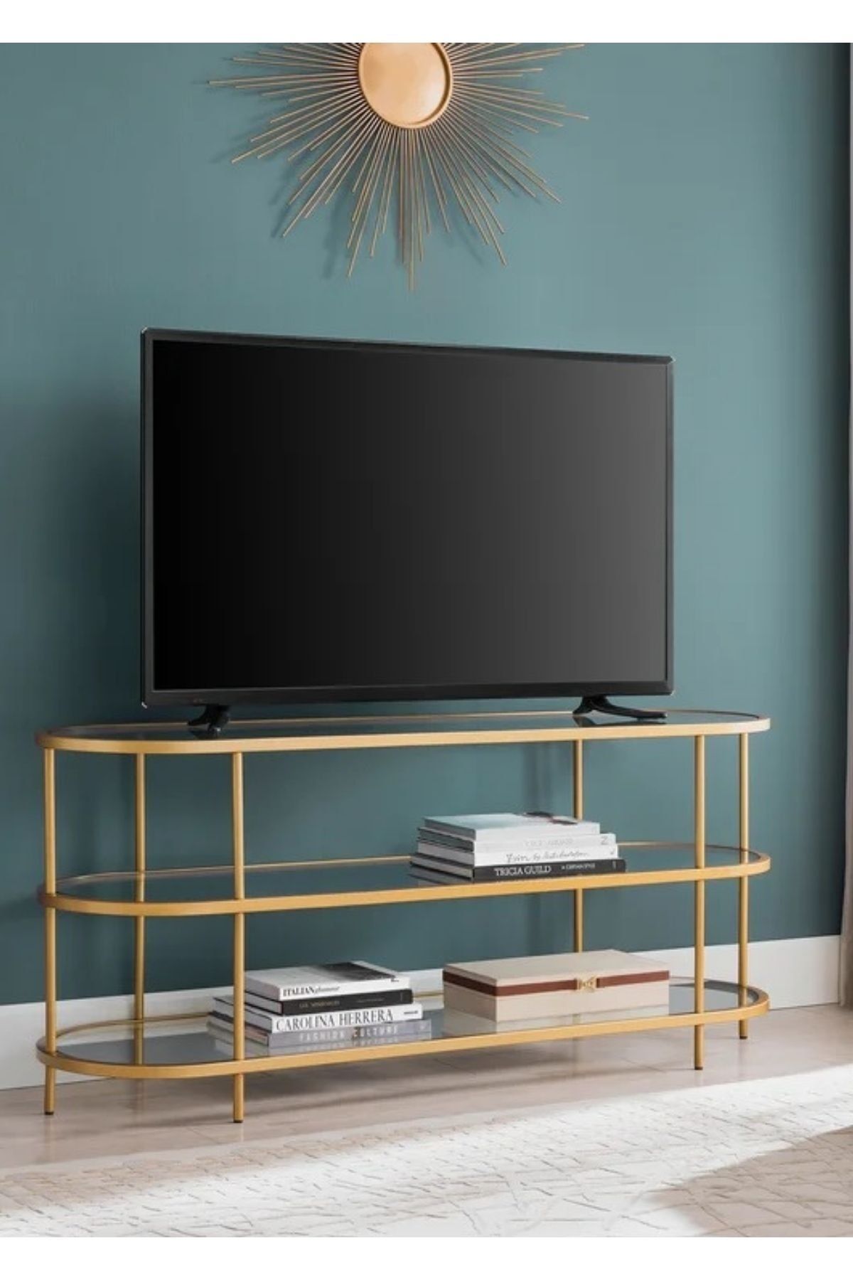 tino furniture Kopenhag Gold Metal Tv Sehpası Şeffaf Camlı Konsol Dresuar