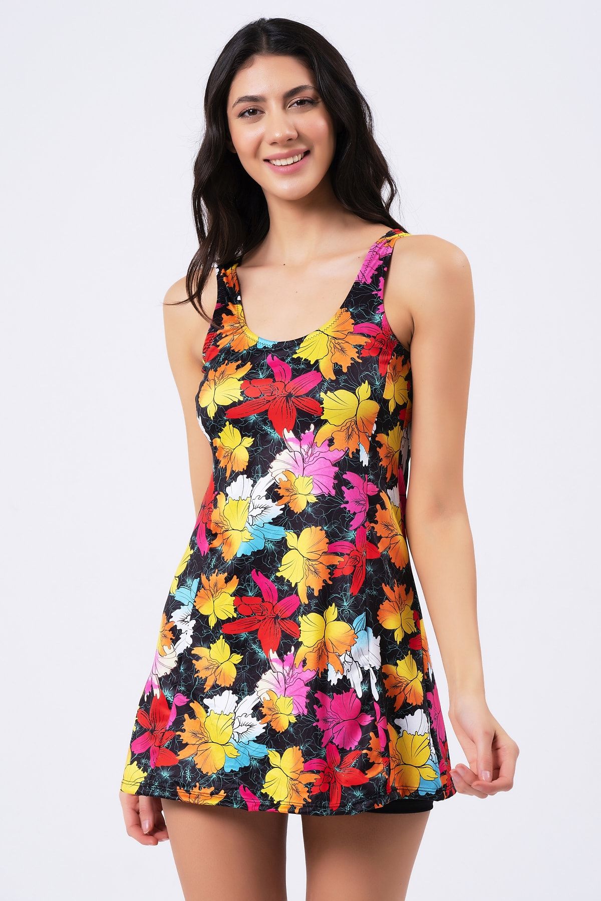 vawensea Kadın Likralı Şortlu Çiçek Desenli Elbise Mayo (GENİŞ BEDEN ARALIĞI)