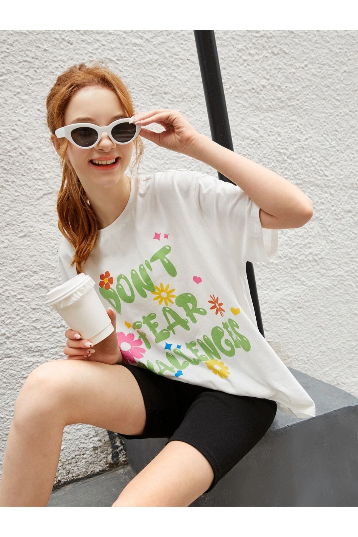 Machetta Kids Yeşil Yazılı Meydan Okuma Baskılı Oversize Beyaz Kız Çocuk T-shirt