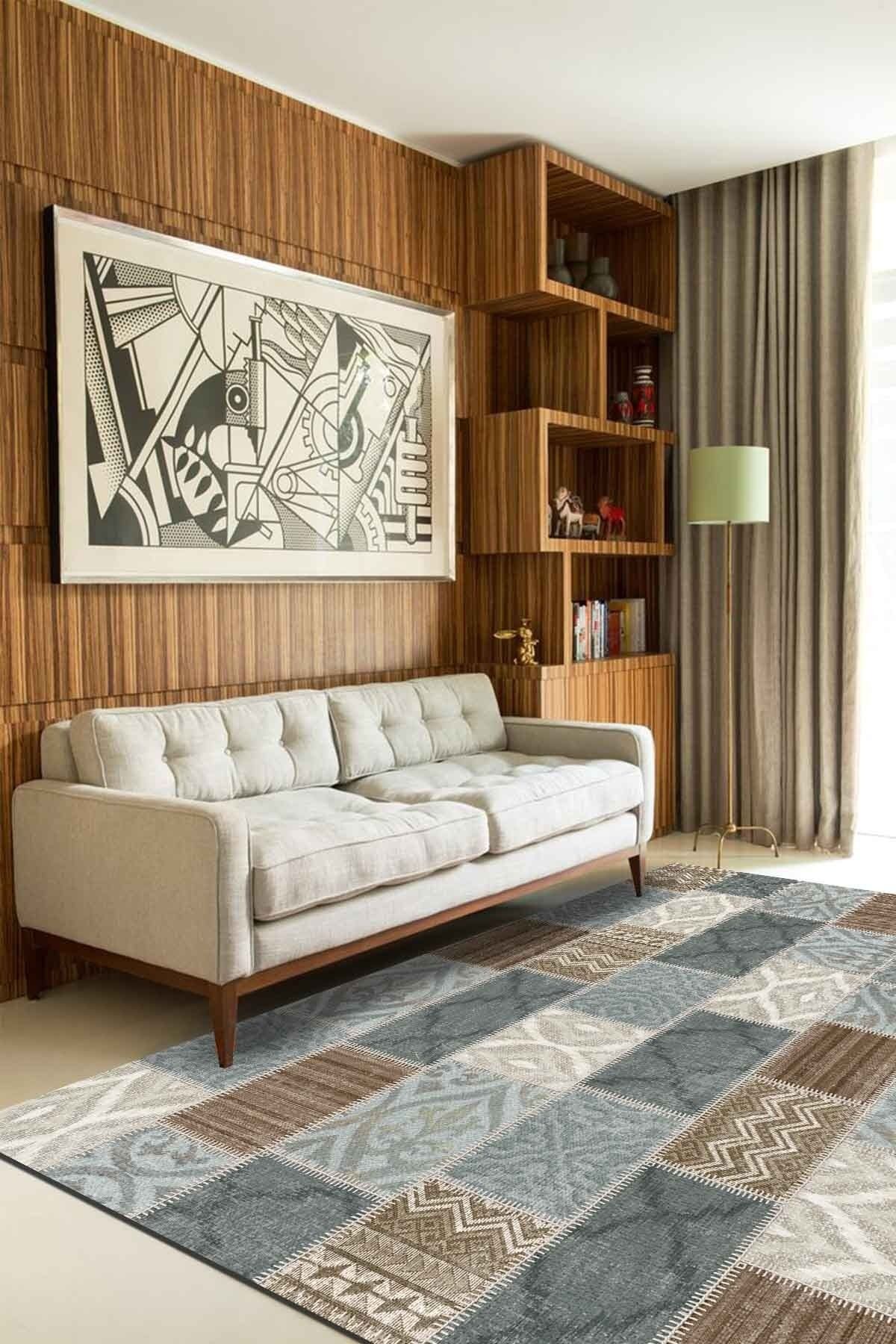 AIDA HOME Chaya Kadife Elit Desenli Pamuk Tabanlı Yıkanabilen Kaydırmaz Antibakteriyel Salon Halısı
