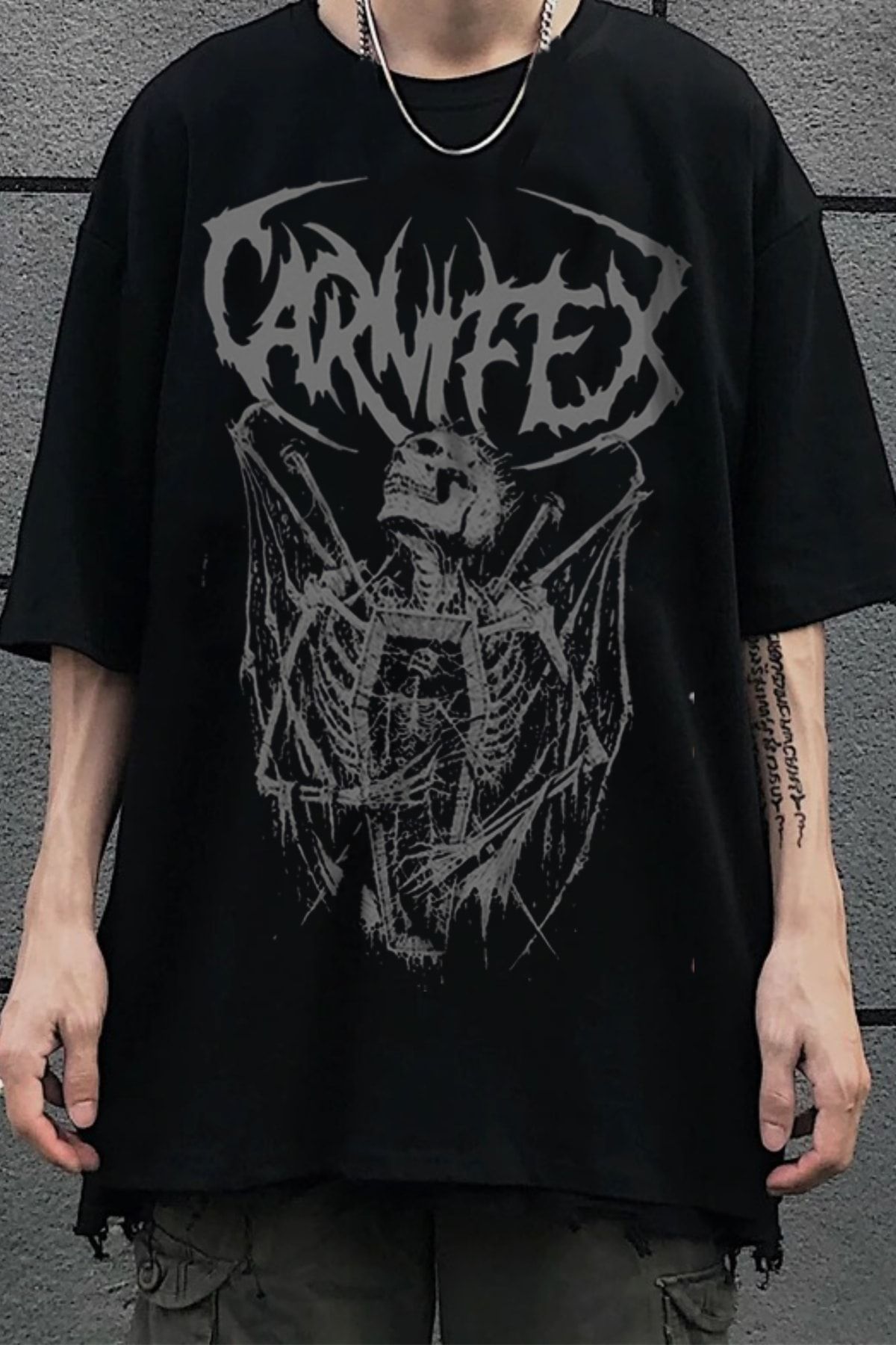 Freak Tshirt Siyah Renk Carnifex Gotik İskelet Baskılı Oversize T-shirt