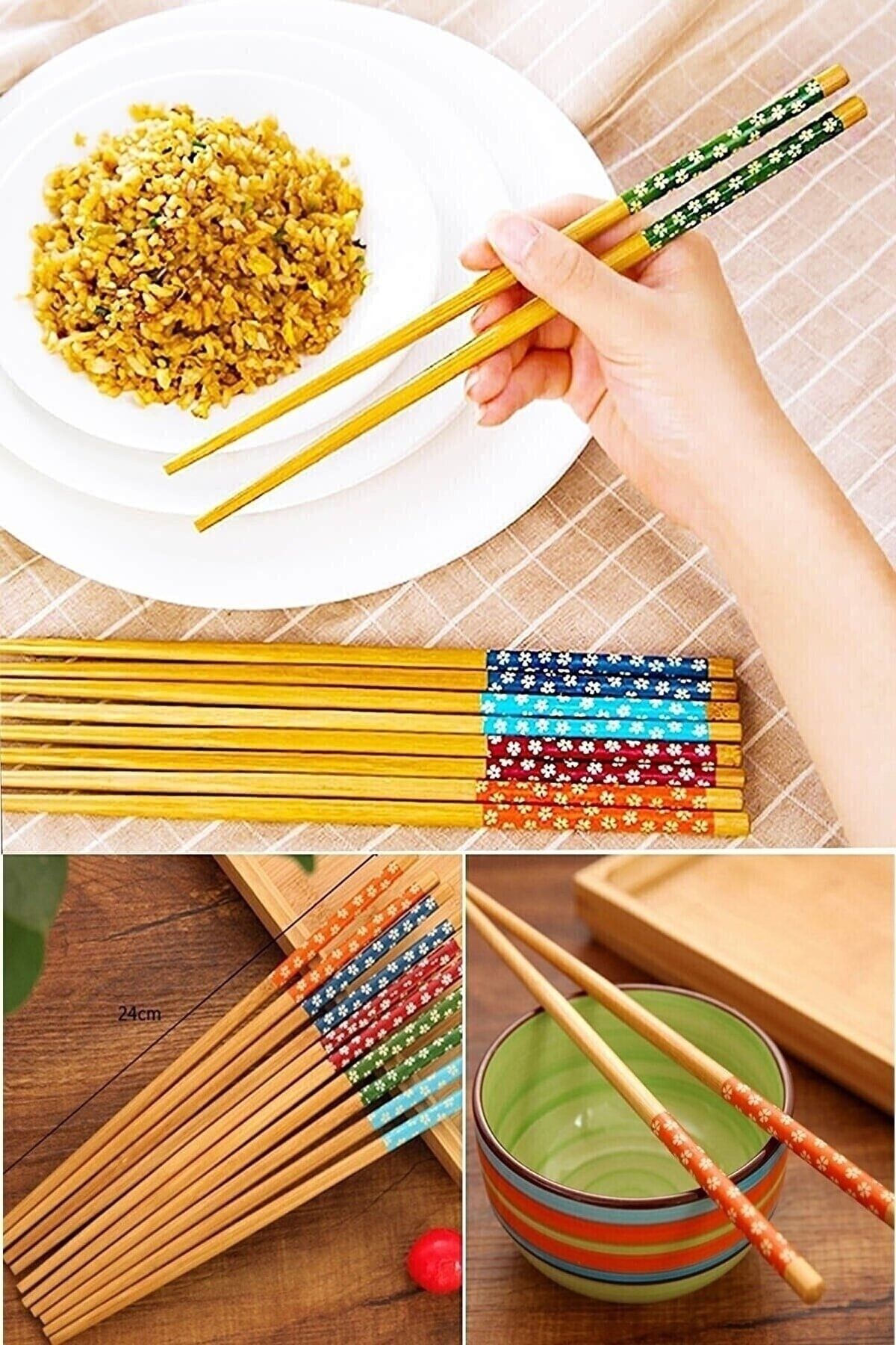 İndirimKap 5 Çift Bambu Chopstick Ahşap Desenli Çin Çubuğu Yıkanabilir Ve Kullanılabilir