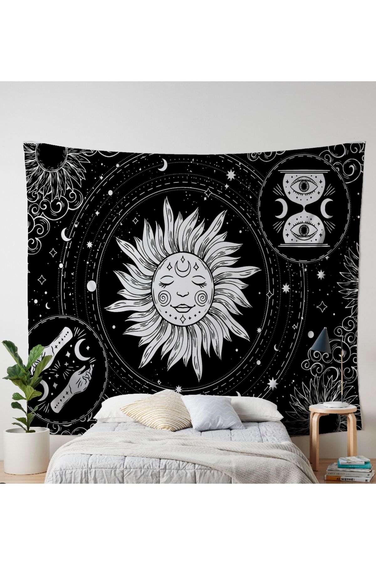 ALAMODECOR Siyah Beyaz Güneş Ve Ay Mistik Astroloji Burç Desen Duvar Örtüsü Duvar Halısı Tapestry