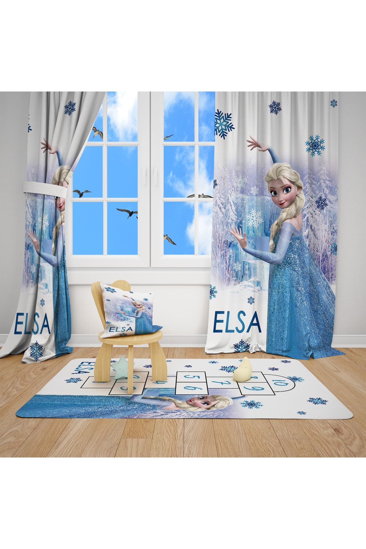 EVSEHOMES Dijital Baskı Elsa Çocuk Odası Takım (fon Perde- Yatak Örtüsü Ve Yastık - Halı 100x160 )