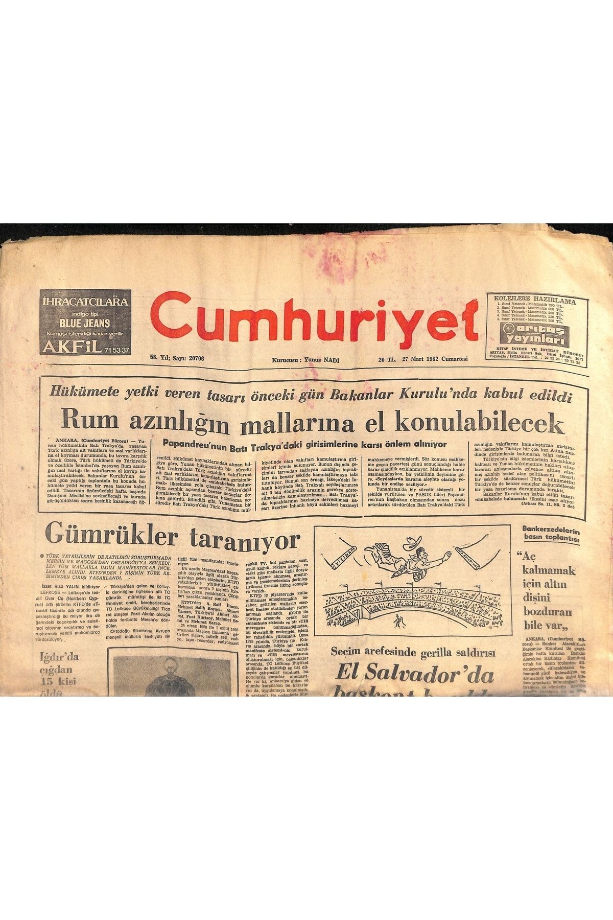 Gökçe Koleksiyon Cumhuriyet Gazetesi 27 Mart 1982 - Sait Halim Paşa Yalısı'na Pierre Cardin Talip Oldu Gz119473