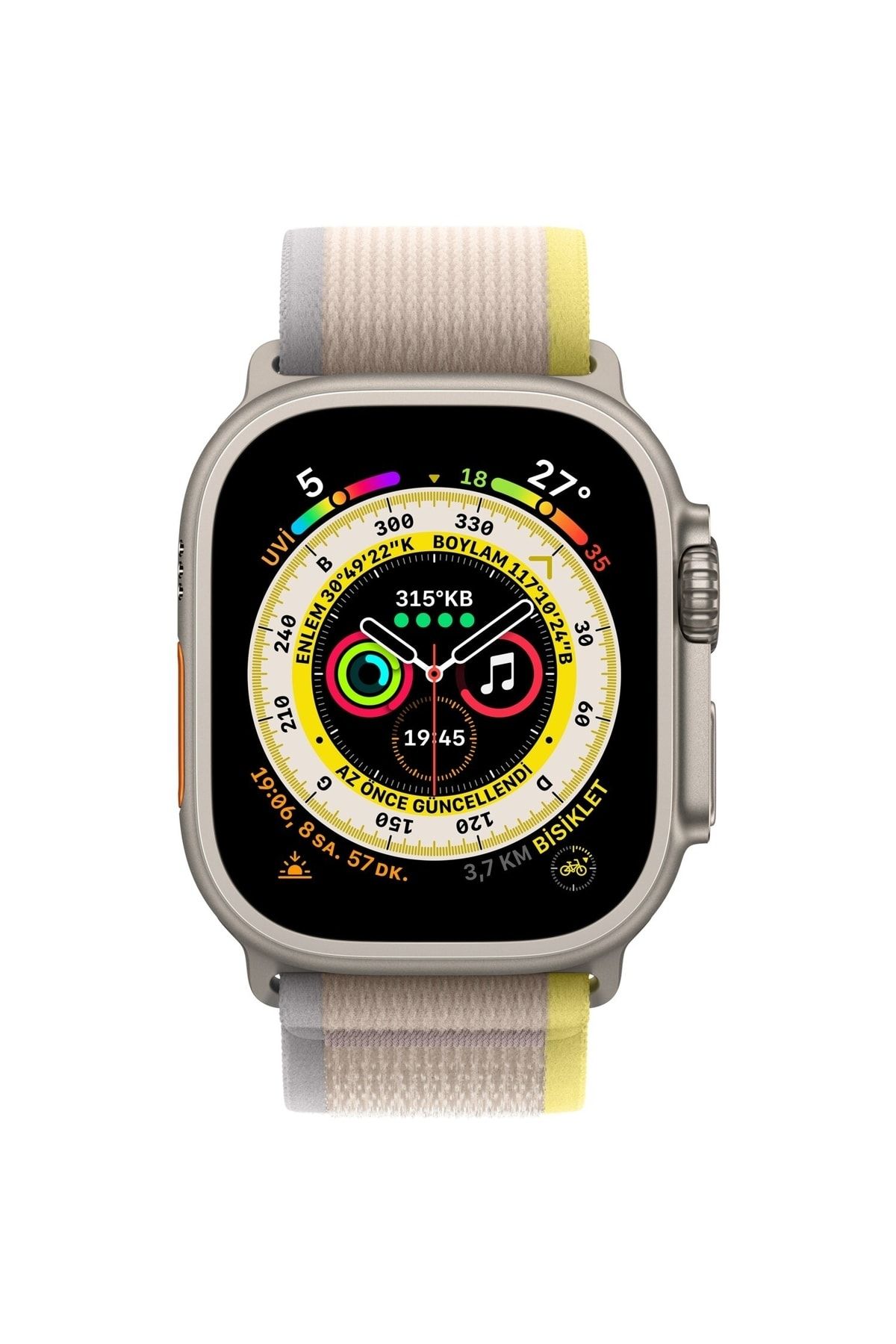 Apple Watch Ultra GPS + Cellular, 49mm Titanyum Kasa ve Sarı/Bej Trail Loop - S/M