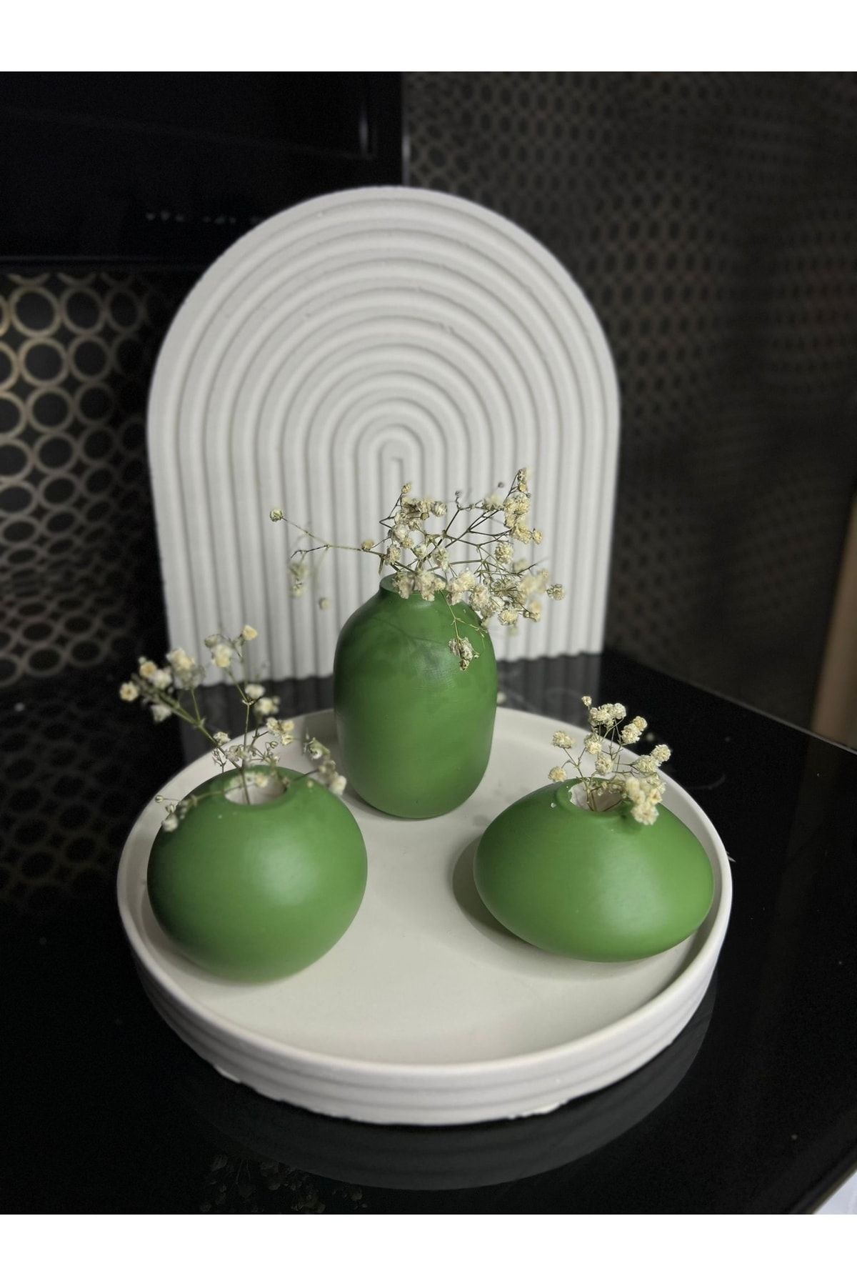 Orange Atelier 3'lü Minimal Vazo Seti Tepsi Dahil Dekoratif Yeşil Saksı Biblo Vazo