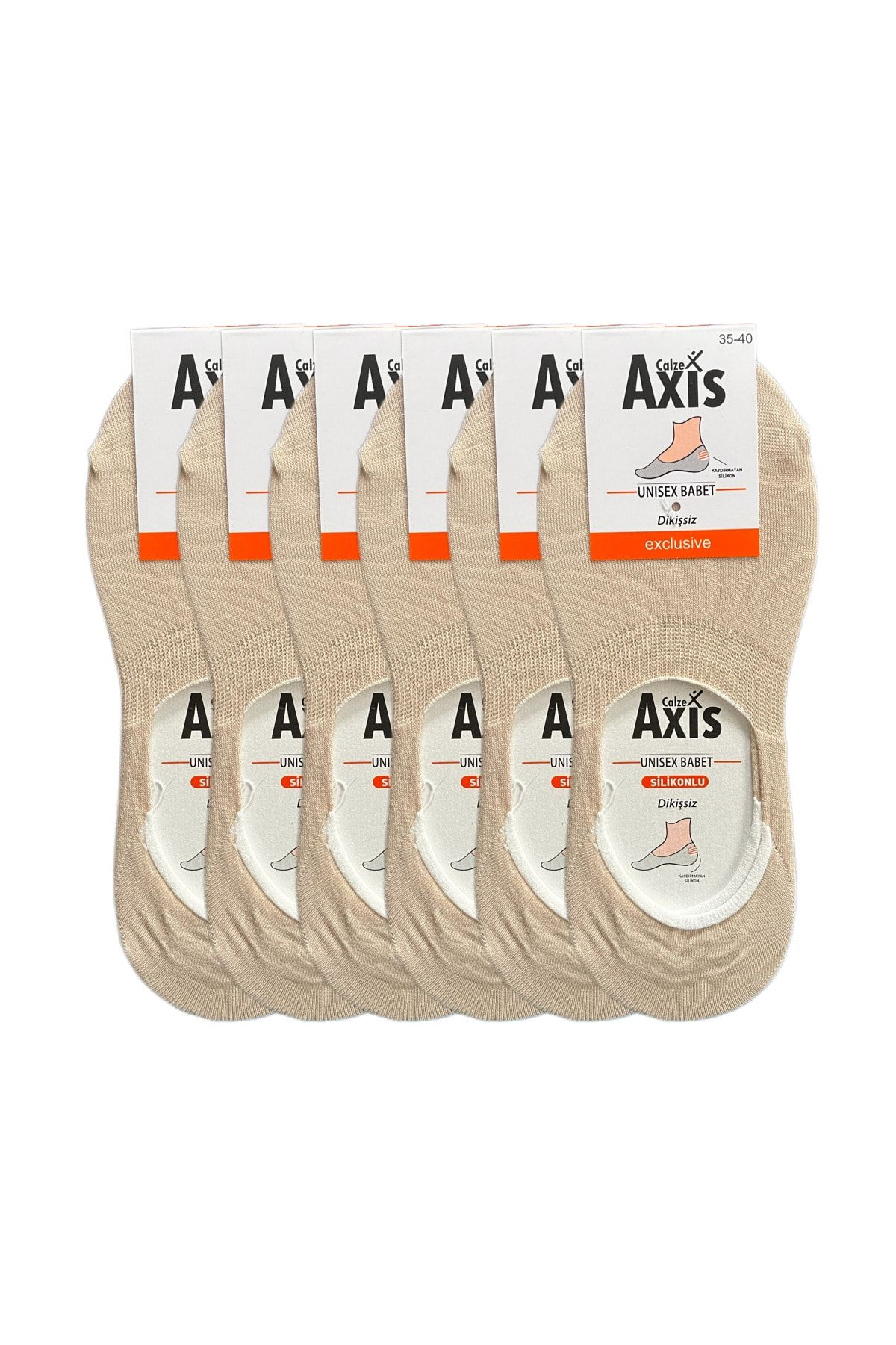 Axis 6 Çift Kadın Unisex Dikişsiz Kaymaz Silikonlu Görünmez Ekru Babet Çorap