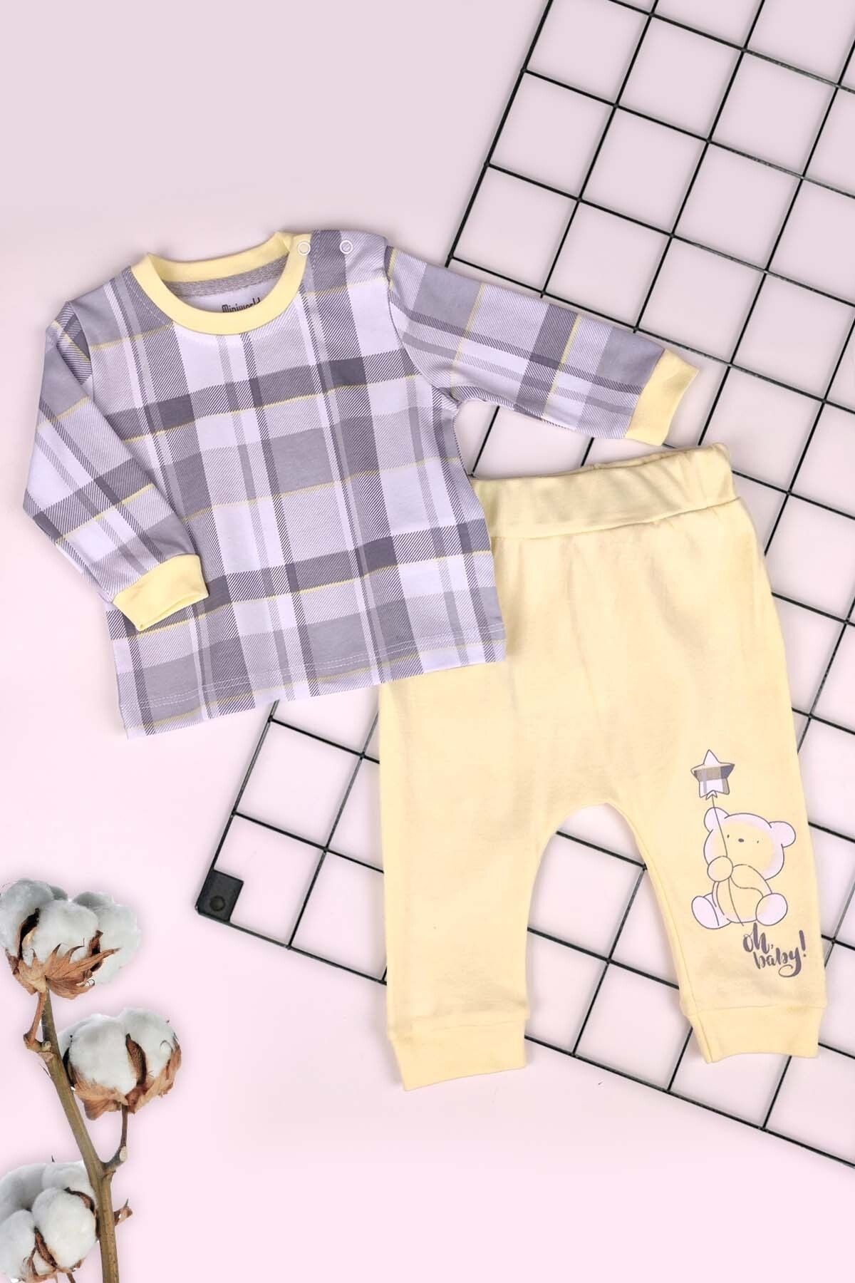 Miniworld %100 Pamuk Ekose Desenli Alt ve Üst Bebek Pijama Takımı