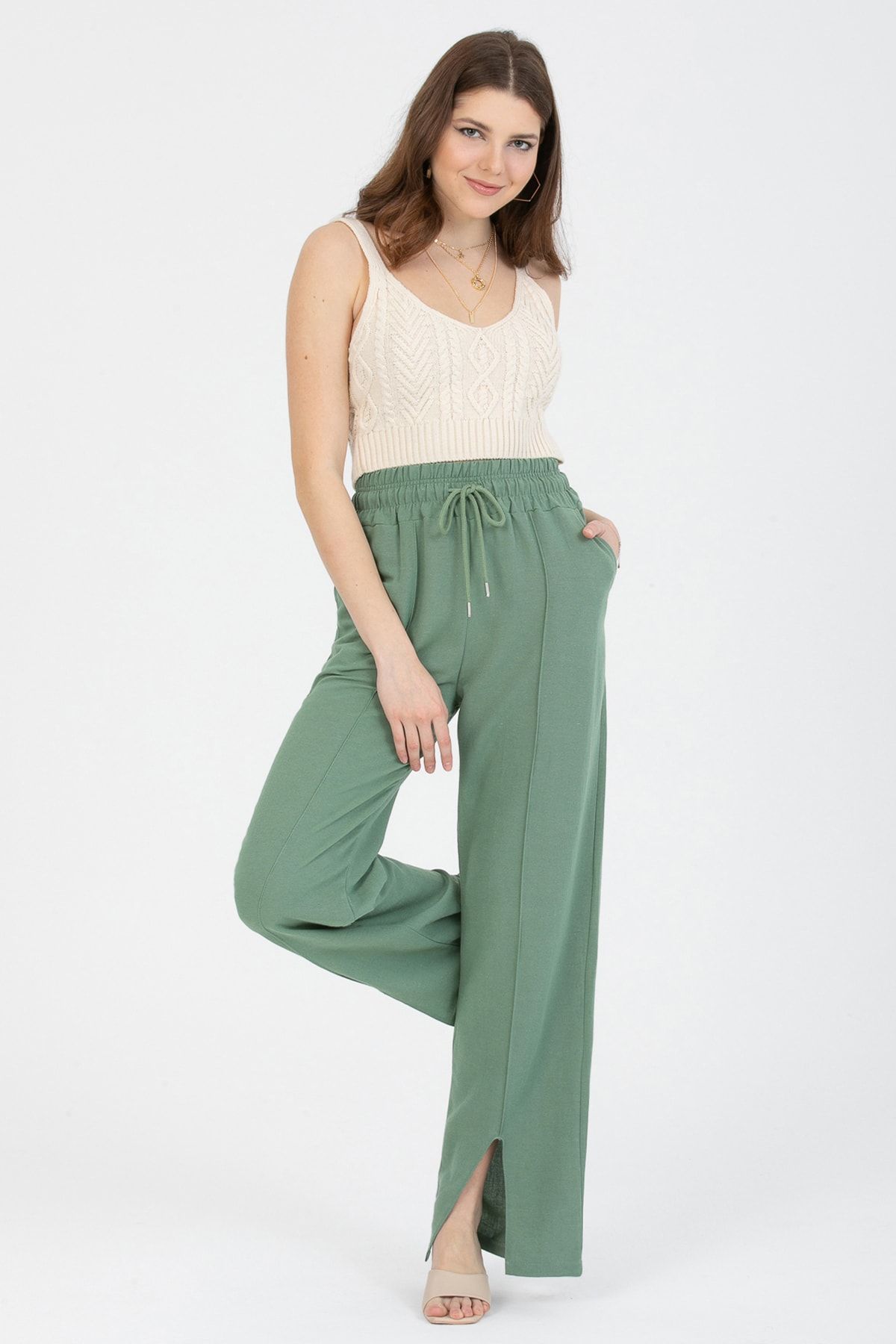 MD trend Kadın Mint Yeşil Beli Lastikli Bağlamalı Önü Dikiş Detaylı Paça Yırtmaçlı Keten Pantolon