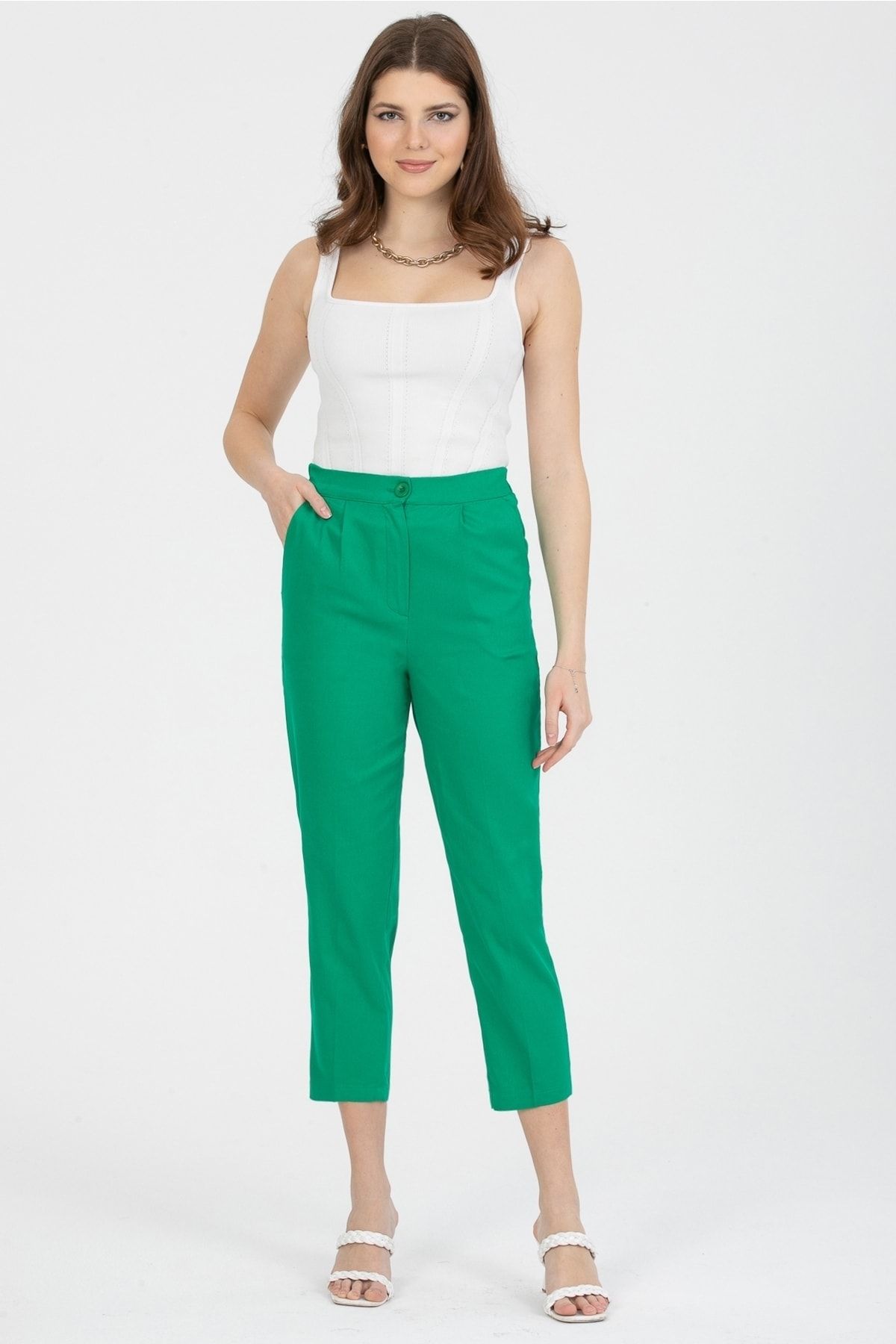 MD trend Kadın Yeşil Beli Lastikli Cepli Gabardin Pantolon