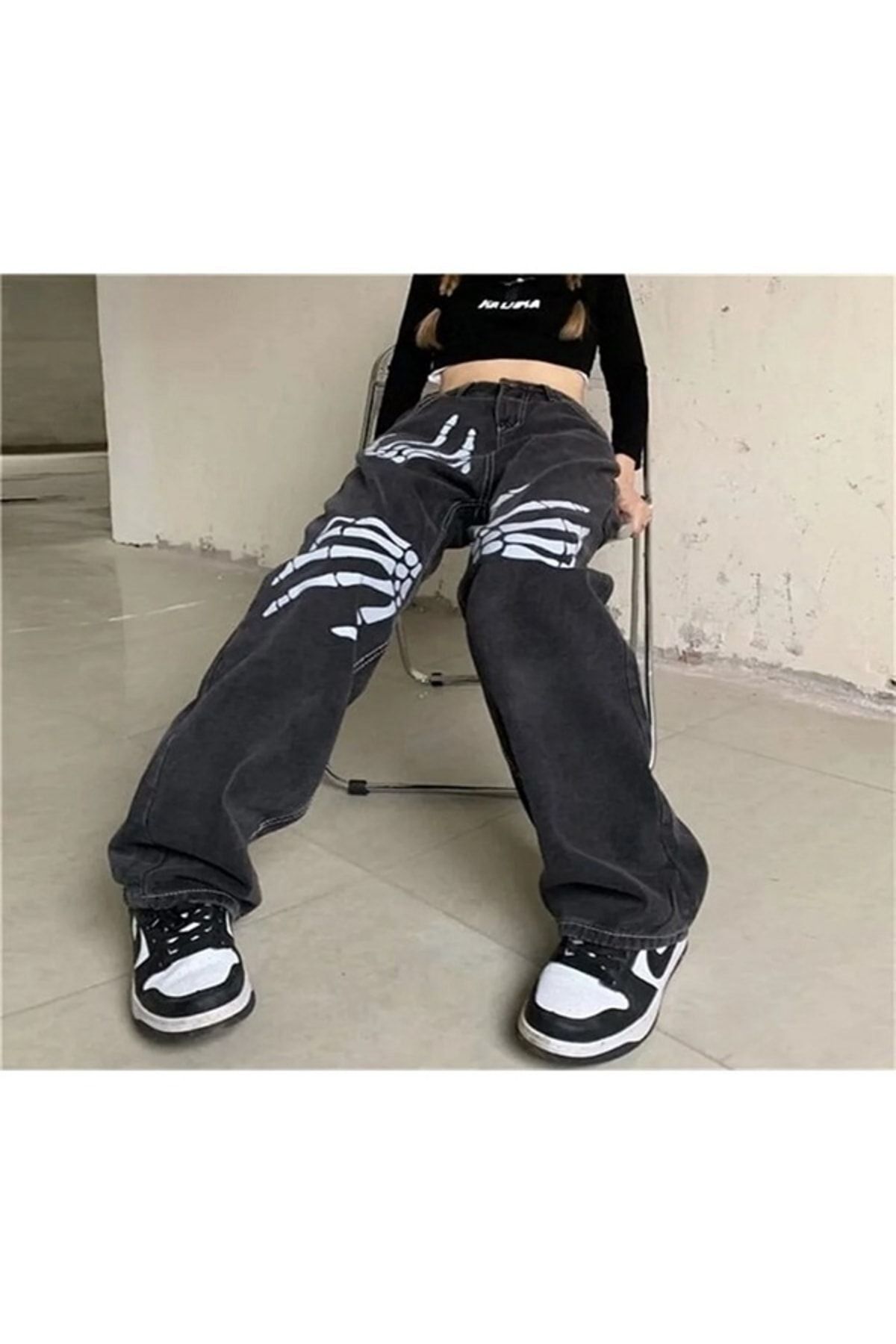 ellevana Koyu Gri Hand Baskılıgothic Skeleton Bol Paça Pantolon