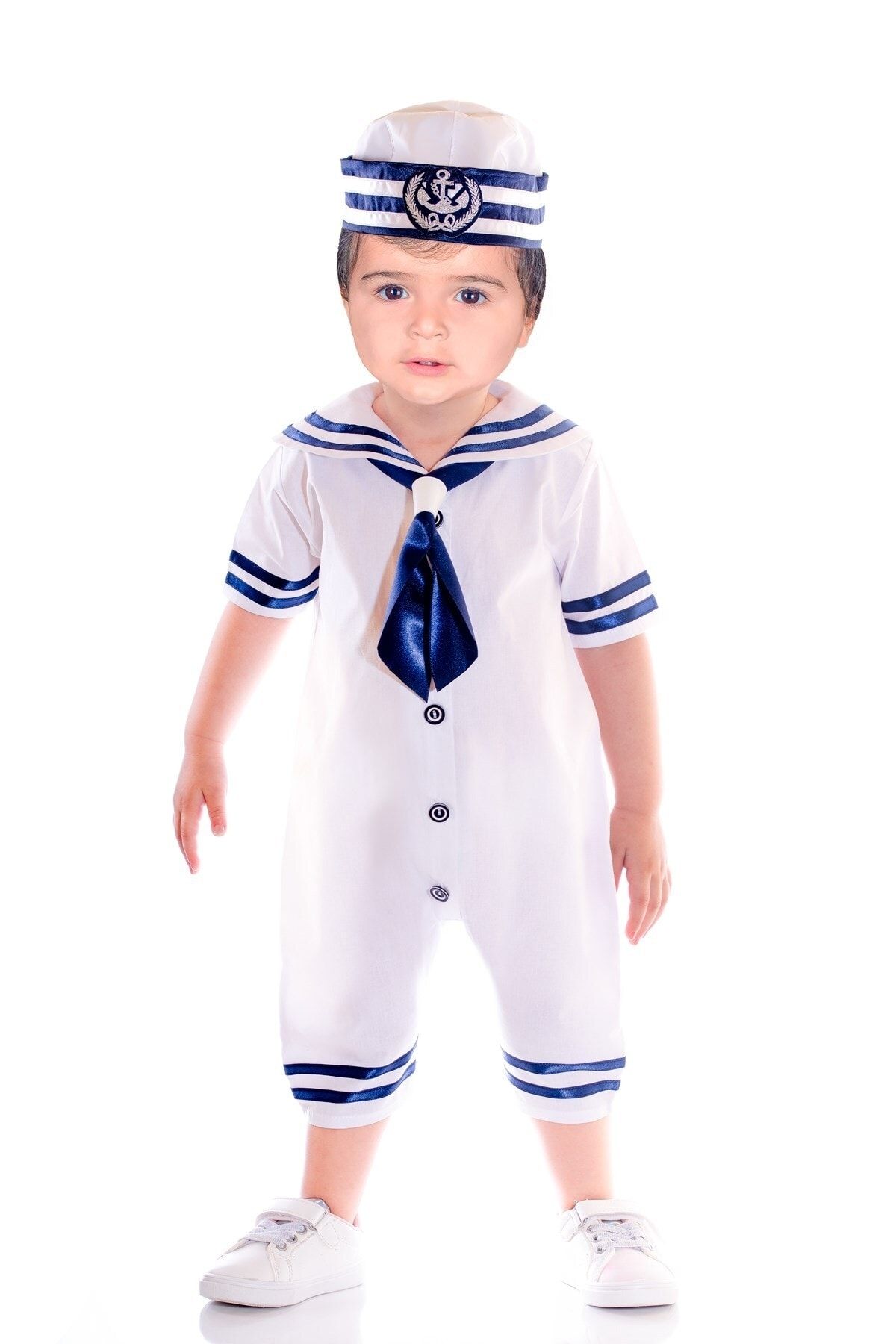 OULABİMİR Erkek Bebek Beyaz Yazlık  Denizci Bahriyeli Tulum Kostüm