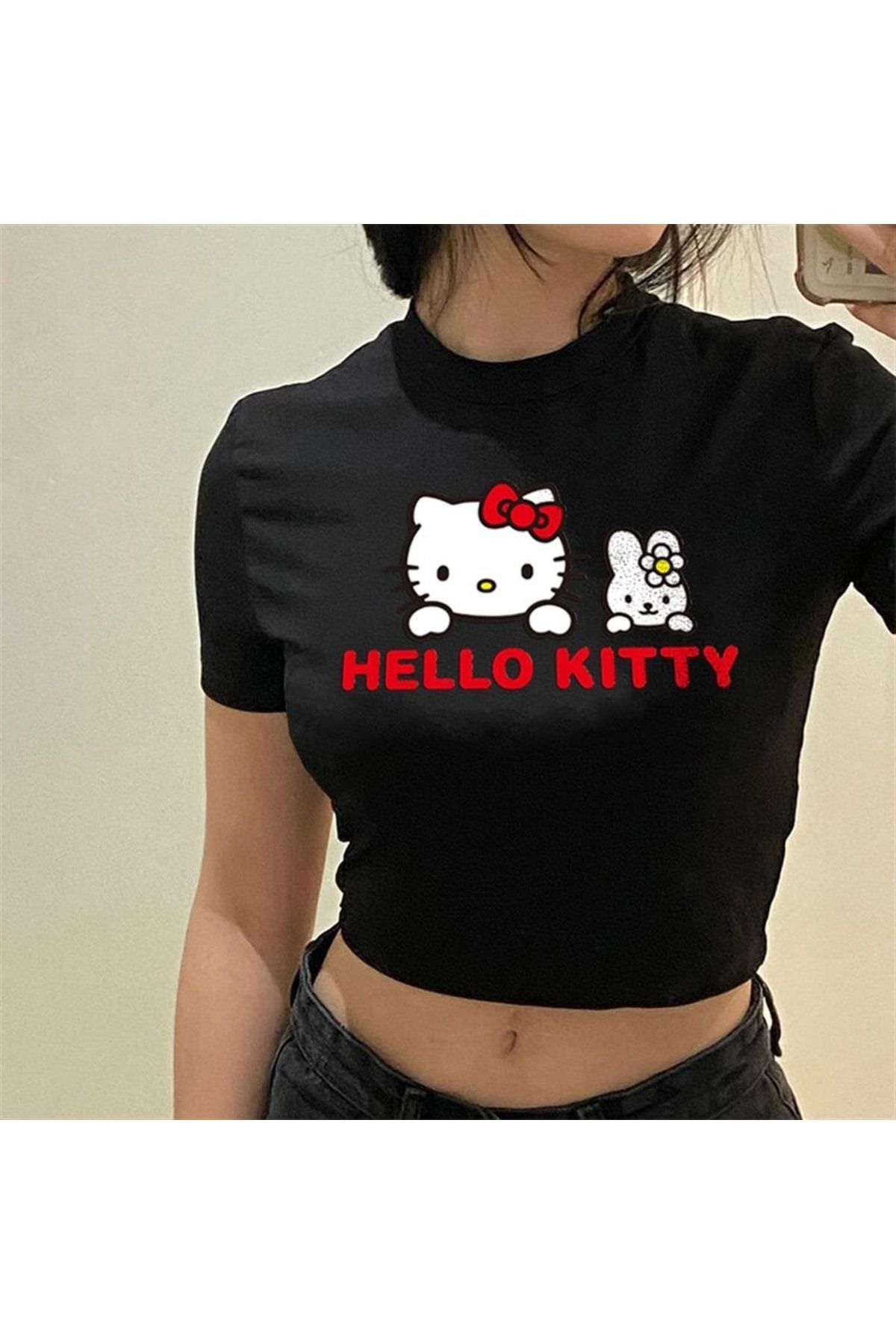 Touz Votınıty Hello Kitty Baskılı Siyah Crop