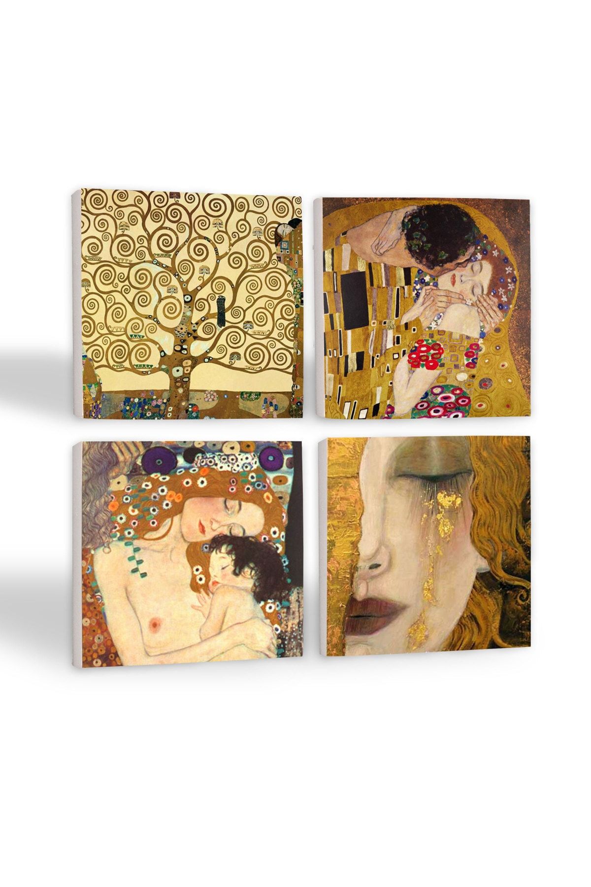 Pinecone Gustav Klimt Altın Gözyaşları, Anne Çocuk, Öpücük, Hayat Ağacı Taş Bardak Altlığı 4'lü Set 10x10cm
