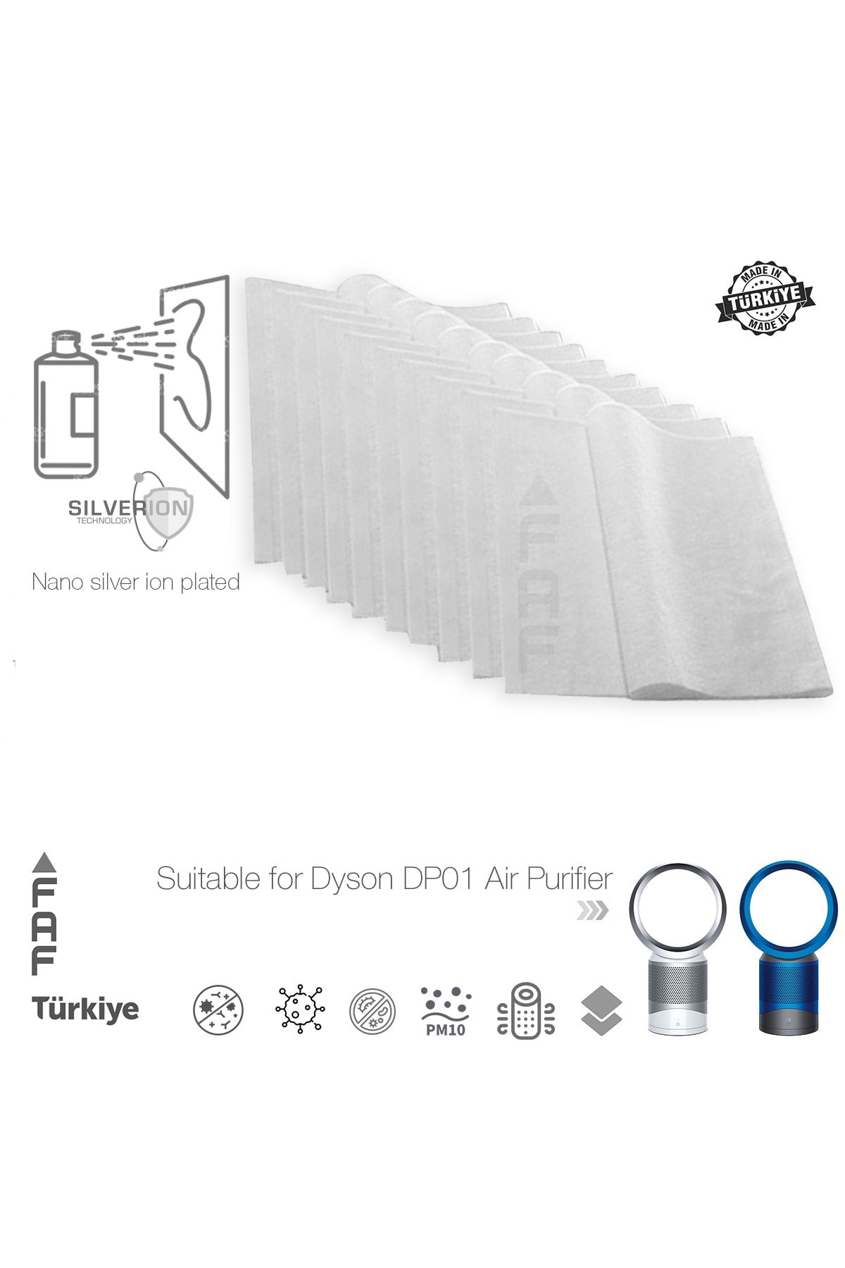 FAF FİLTRE 10 Adet Dyson Dp01 Uyumlu Gümüş Iyonlu Elektrostatik Toz Tutucu Ön Filtre