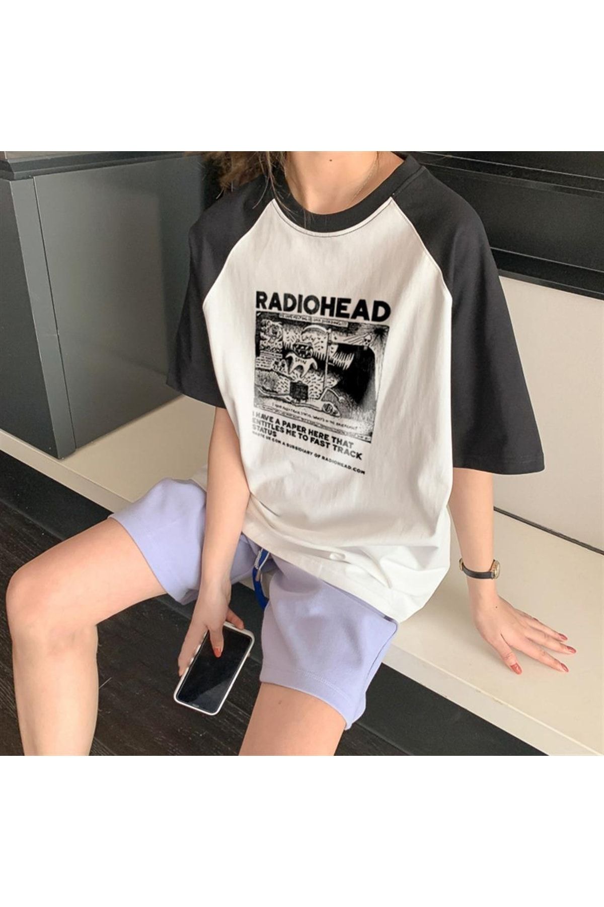 Touz Radiohead Baskılı Raglan Sleeve Beyaz Unisex Oversize T-shirt