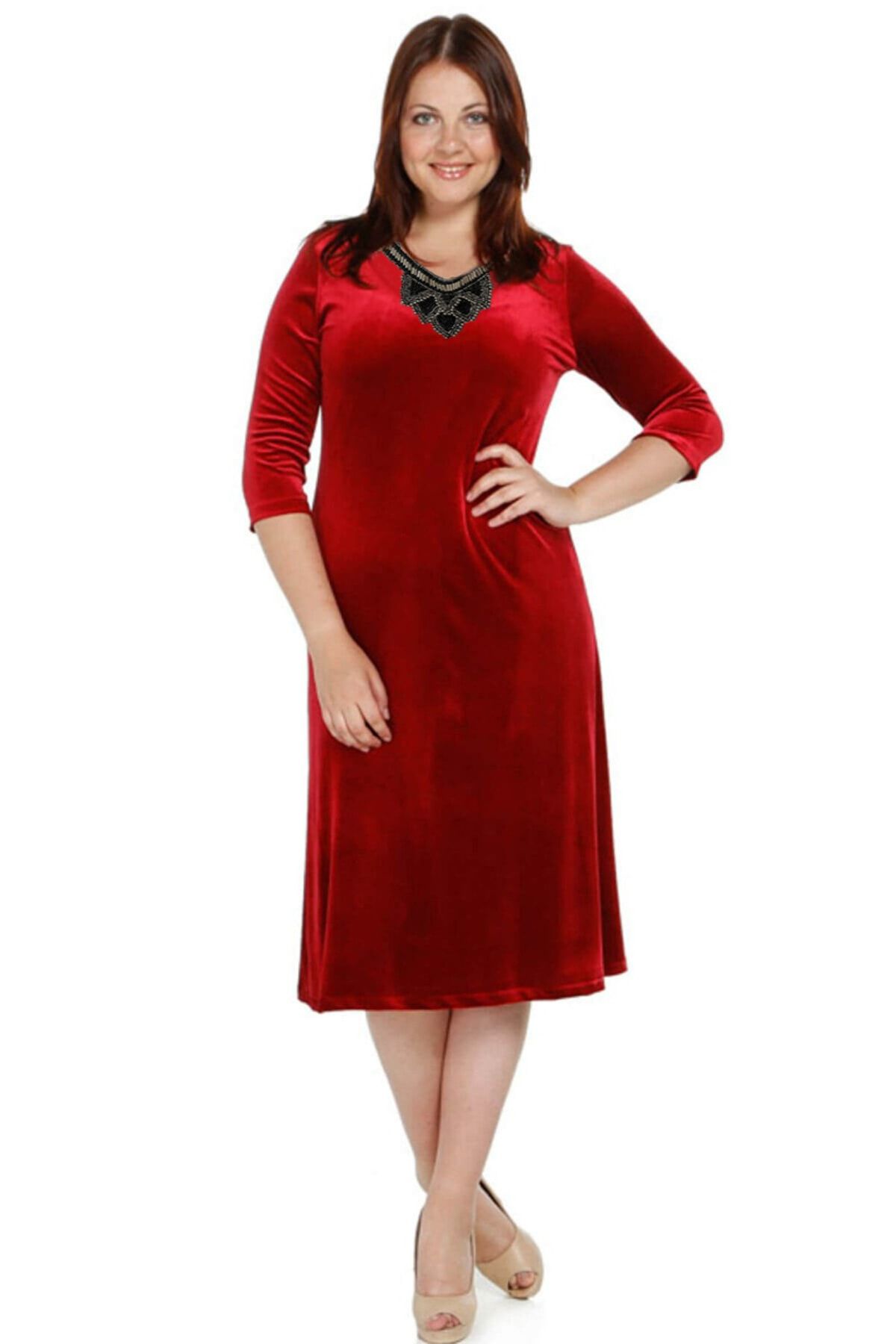 Nidya Moda Kadın Kırmızı Çiçek Yaka Kadife Abiye Elbise 4075K