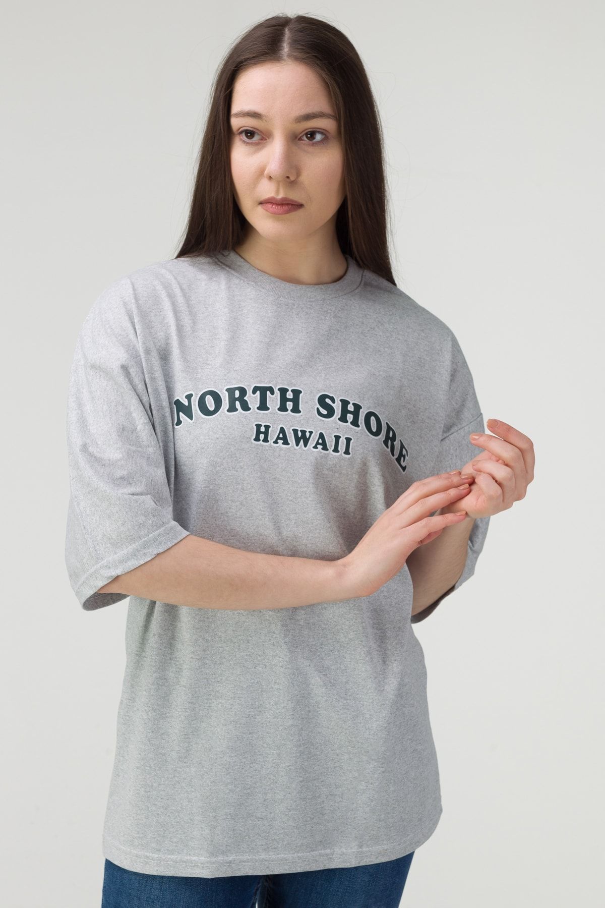 MODAGEN Kadın Gri North Shore Baskılı Oversize T-shirt