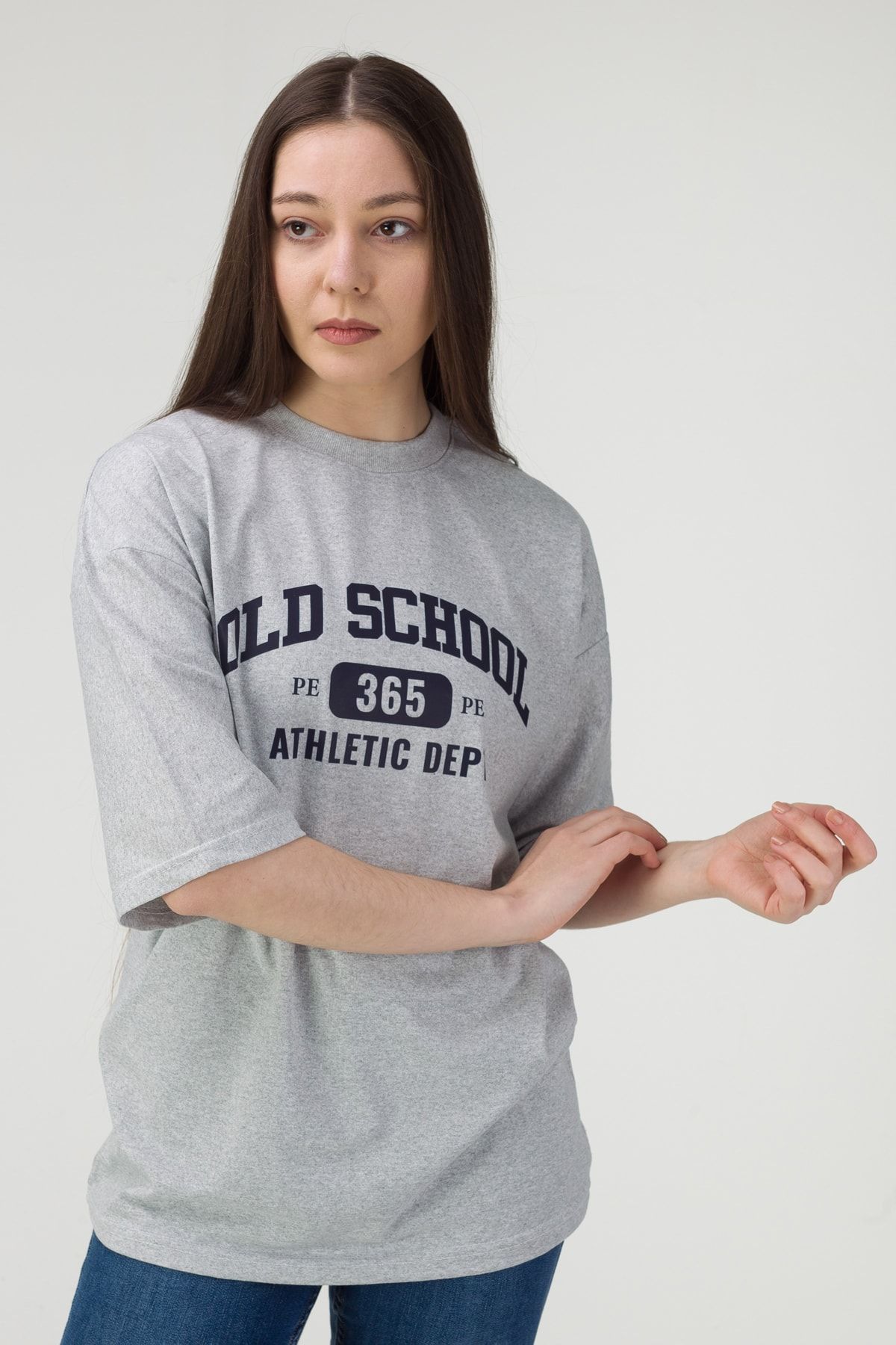 MODAGEN Kadın Old School Gri Oversize Baskılı T-shirt