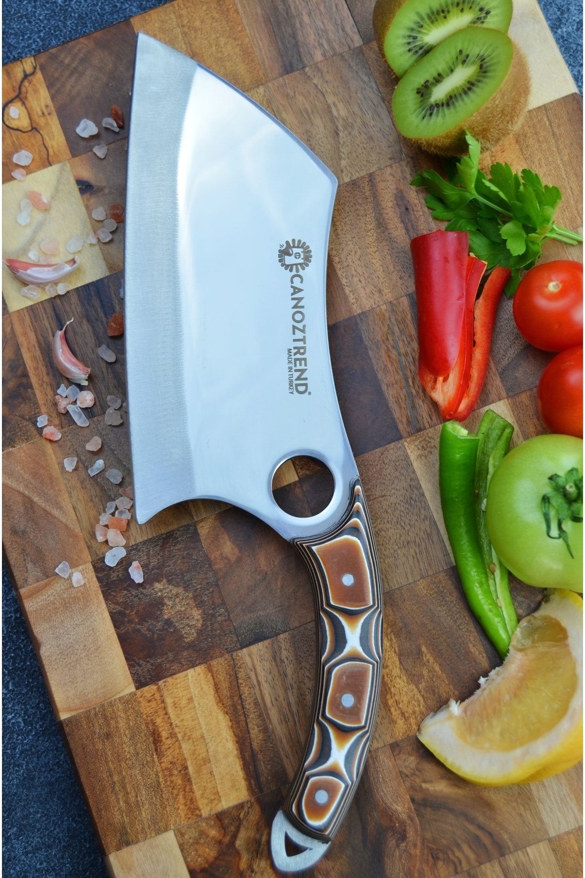 CANOZTREND El Yapımı Büyük Satır Model Almazan Verzalit Şef Mutfak Kasap Bıçağı Et Ekmek Sebze Deri Kılıflı