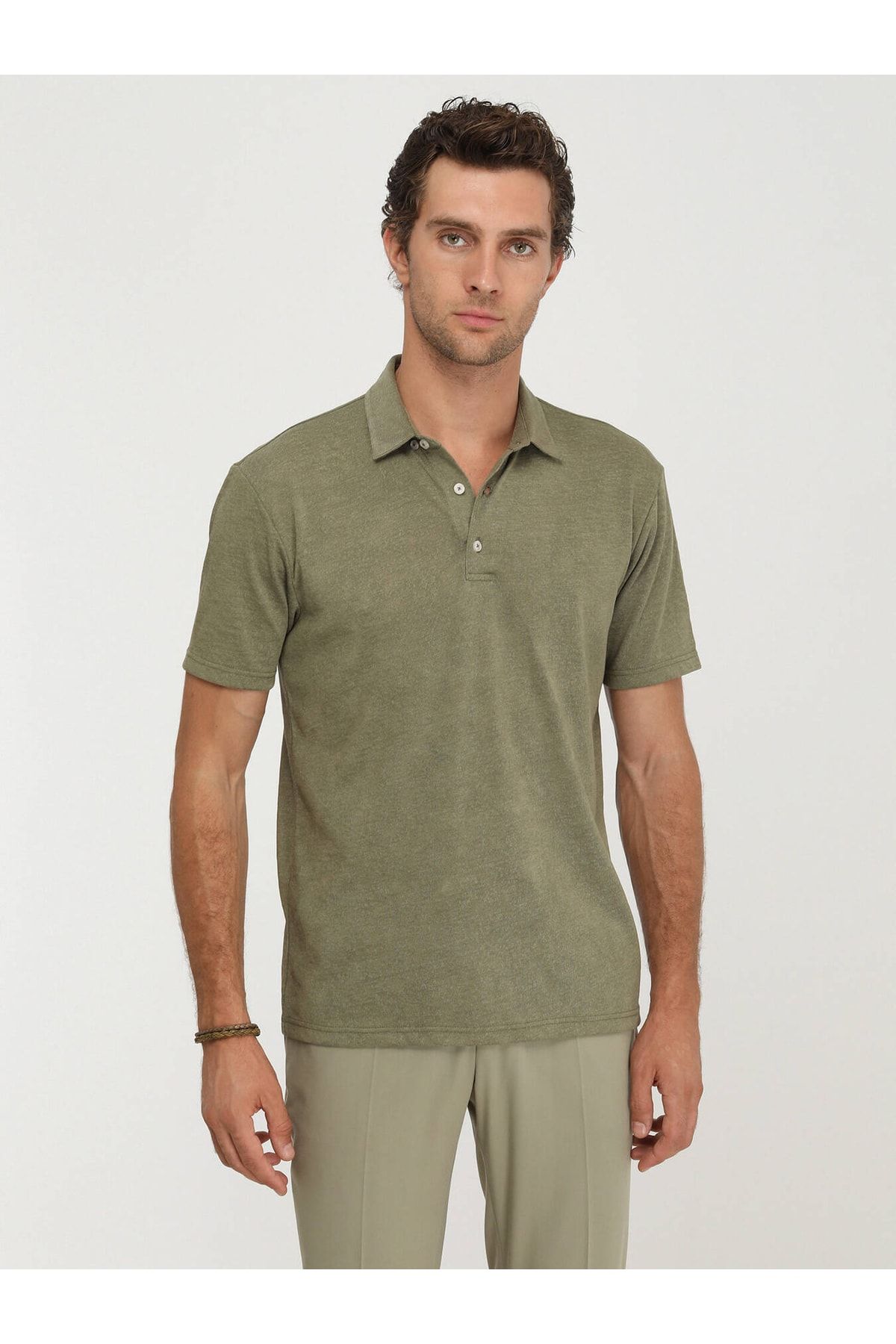 Kip Yağ Yeşili Düz Polo Yaka Pamuk Karışımlı T-shirt
