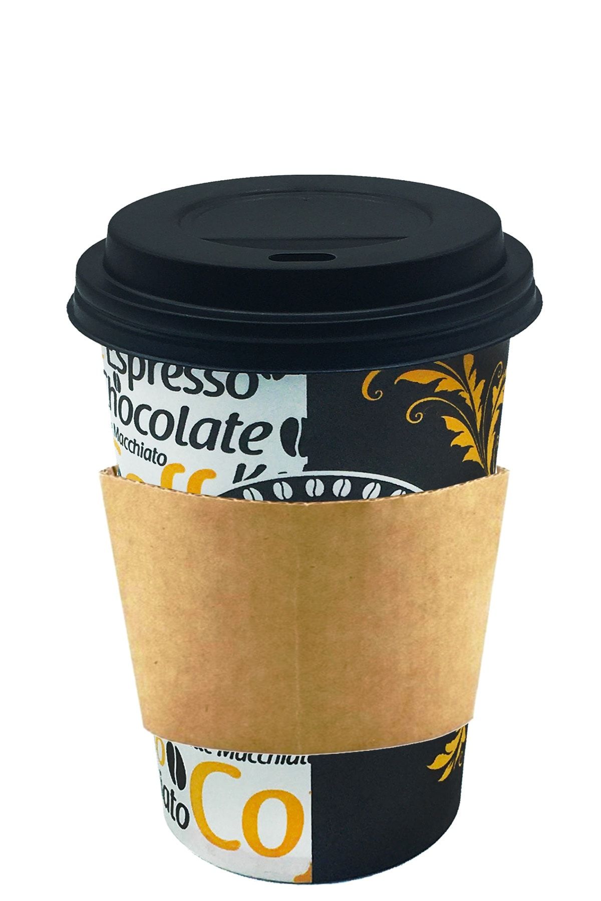 Afra Tedarik 12 Oz Siyah Kapaklı Tutamaçlı Karton Bardak Latte Kahve Kağıt Bardak Sleeve 300 Ml - 100'lü