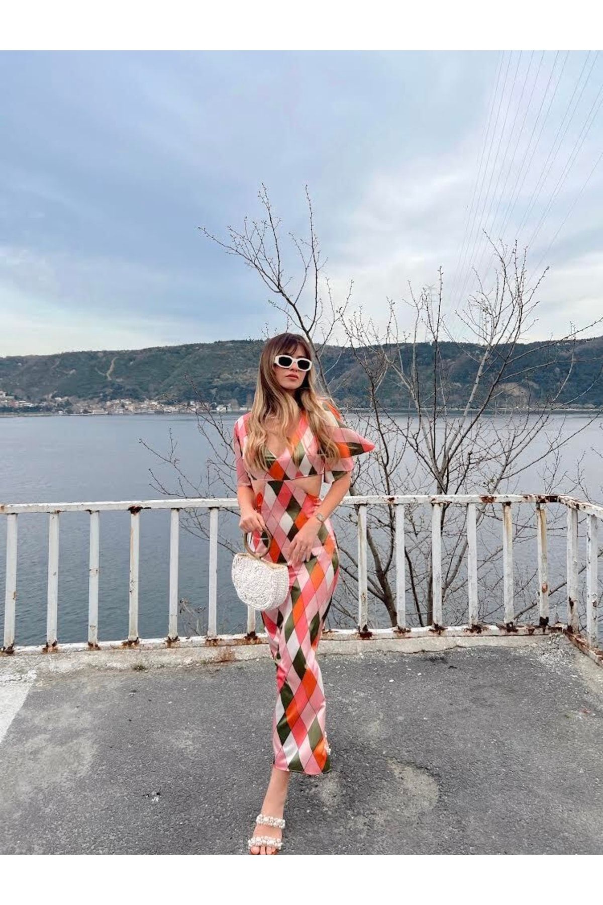 MAİ COLLECTİON Portofino Baklava Desenli Saten Elbise