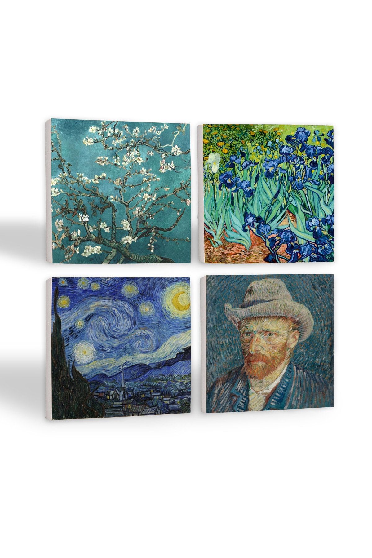 Pinecone Van Gogh Irisler, Yıldızlı Gece, Badem Ağacı, Otoportre Taş Bardak Altlığı 4'lü Set 10x10cm