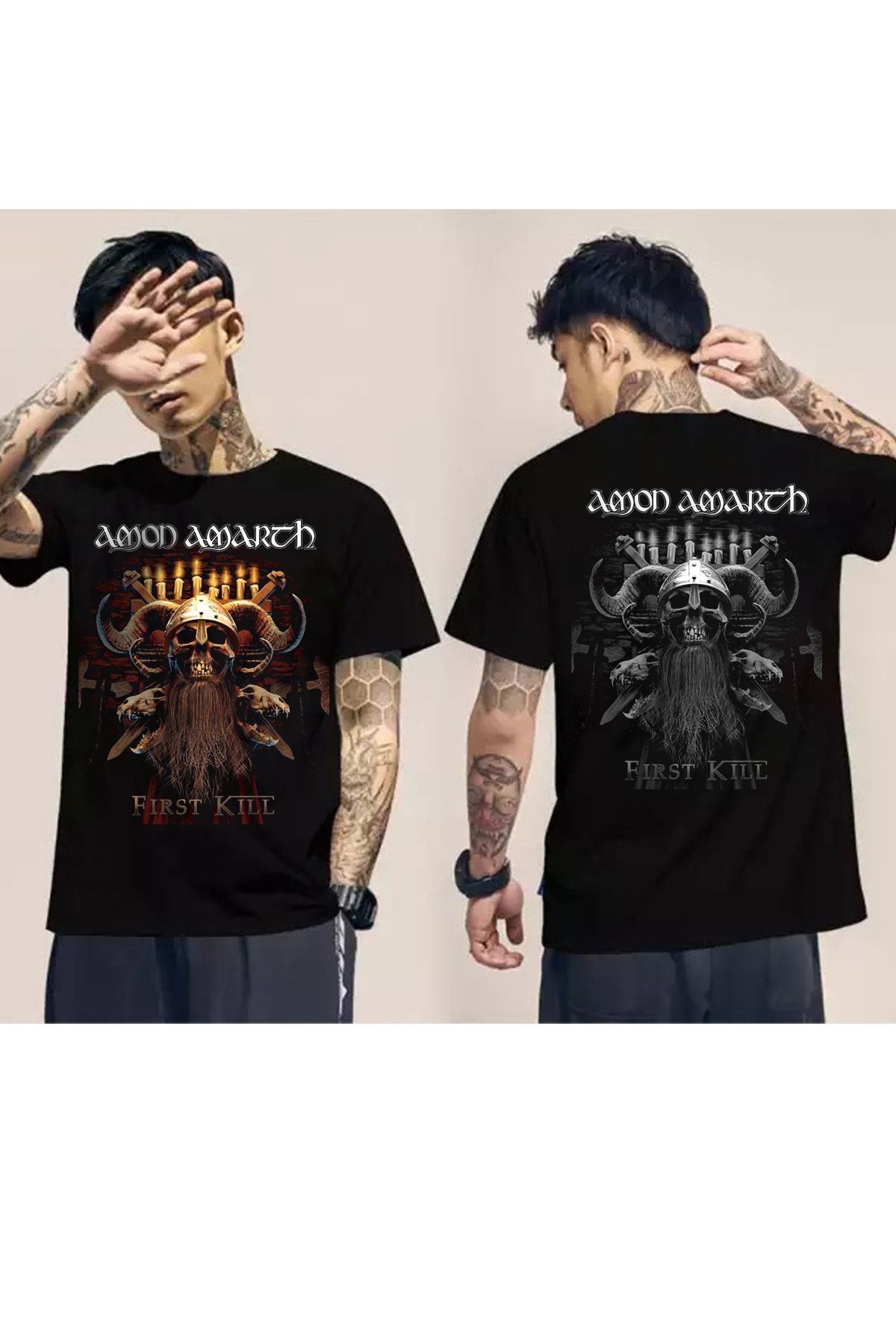 Freak Tshirt Siyah Renk Amon Amarth Ön-arka Baskılı Unisex Geniş Kesim Metal-rock T-shirt