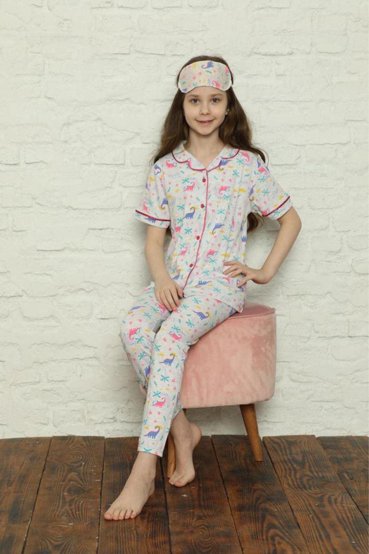 MİNİKO KİDS Yeni Sezon Önden Düğmeli Uyku Bantlı Kız Çocuk Kısa Kol Pamuk Pijama Takımı
