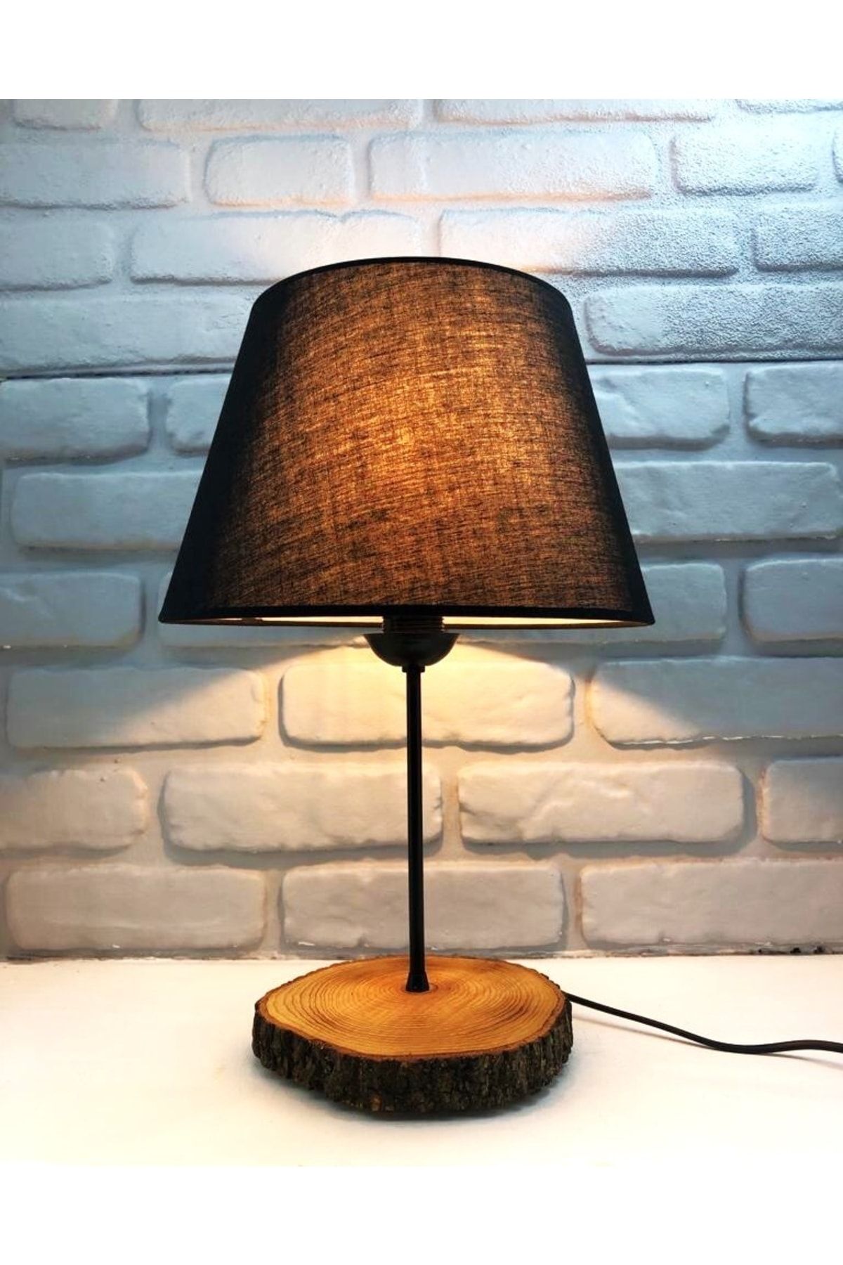 365GUNSERİSONU Vintage Ahşap Doğal Kütük Ayaklı Siyah Kumaş Şapkalı Abajur Masa Gece Lambası Modelleri