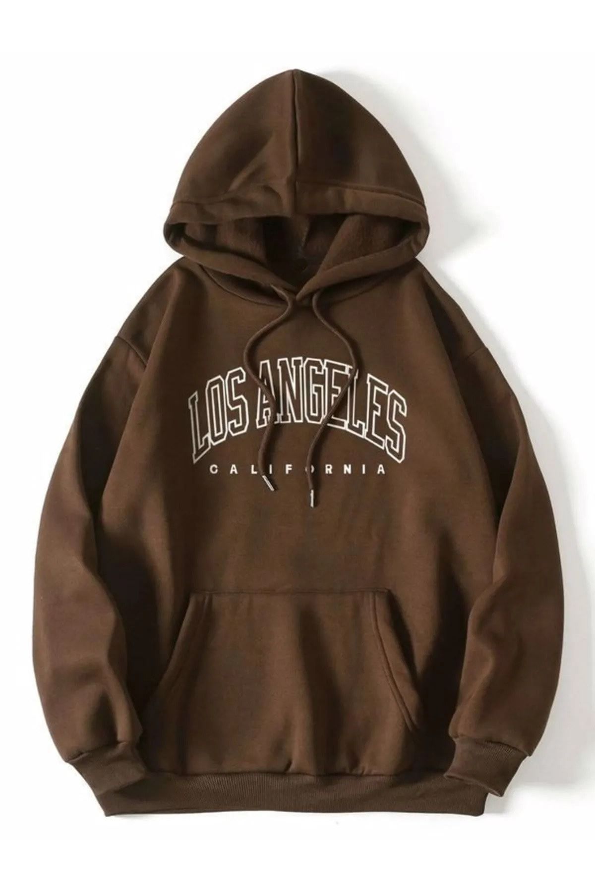 MODAGEN Unisex Los Angeles Baskılı Kapüşonlu Oversize Kahverengi Sweatshirt