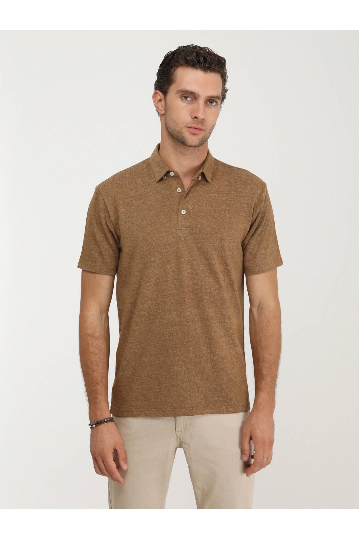 Kip Kahverengi Düz Polo Yaka Pamuk Karışımlı T-shirt