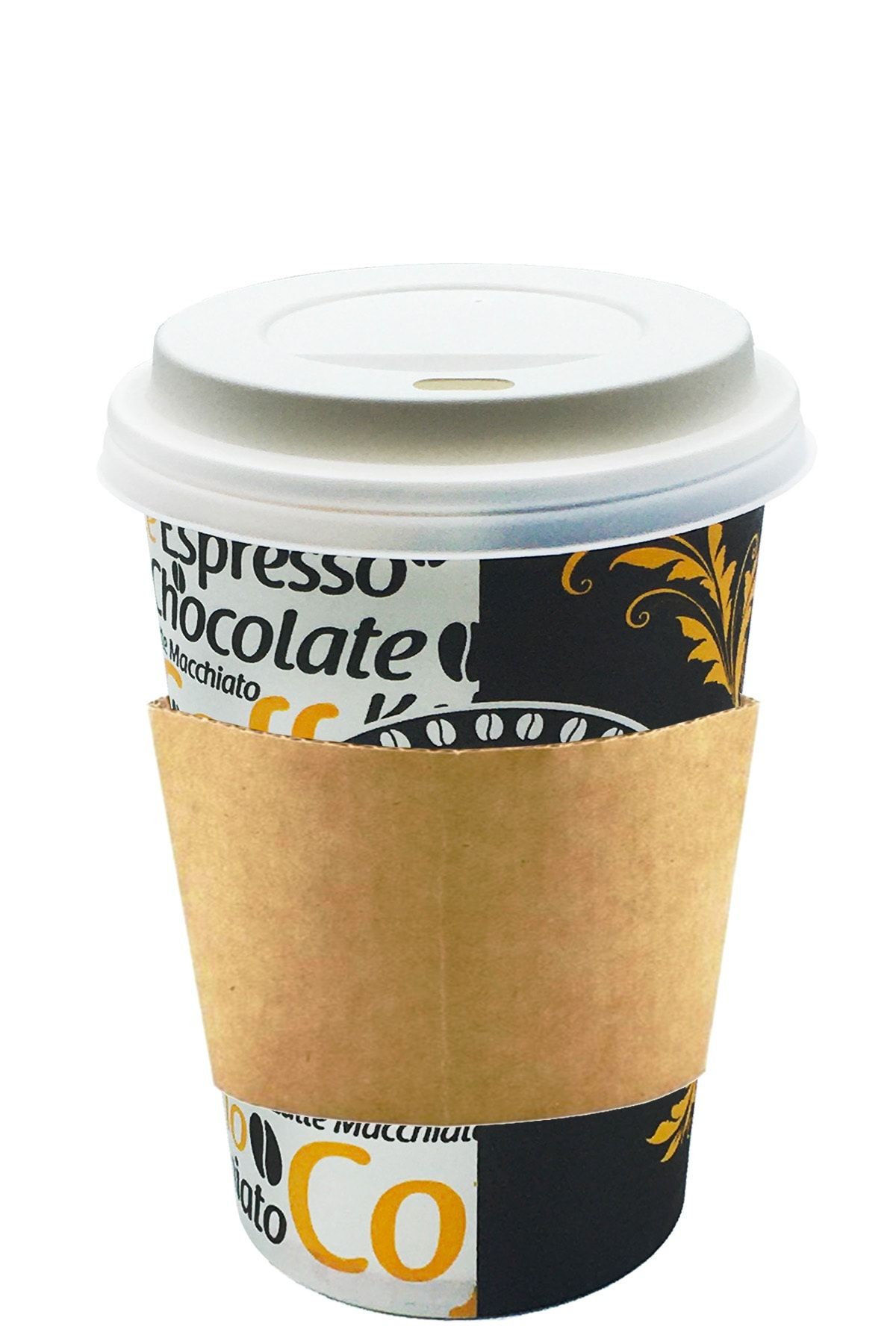 Afra Tedarik 12 Oz Beyaz Kapaklı Tutamaçlı Karton Bardak Latte Kahve Kağıt Bardak Sleeve 300 Ml - 100'lü