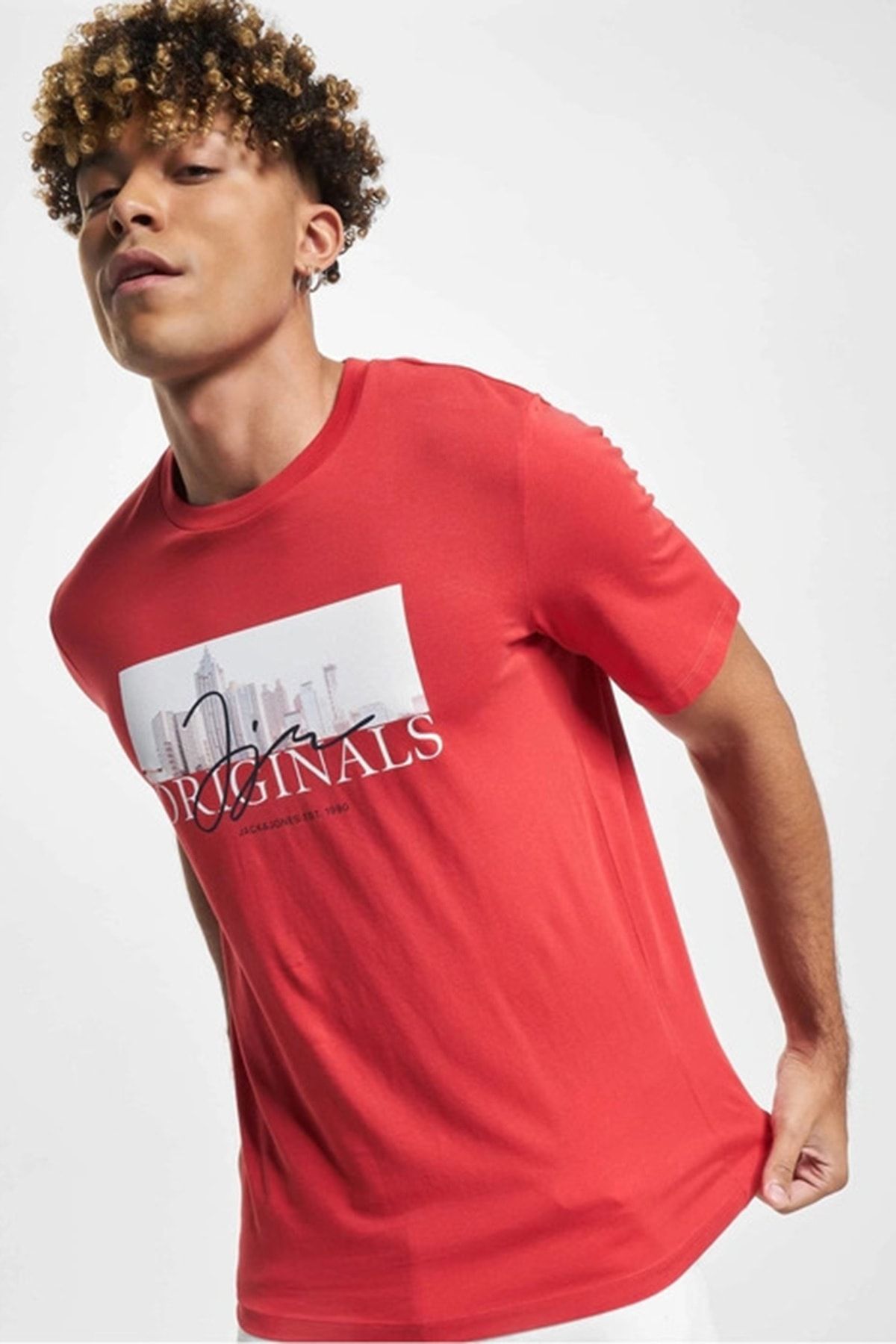 Jack & Jones Erkek Jorjoshua Baskı Detaylı Bisiklet Yaka T-shirt 12228257 Kırmızı