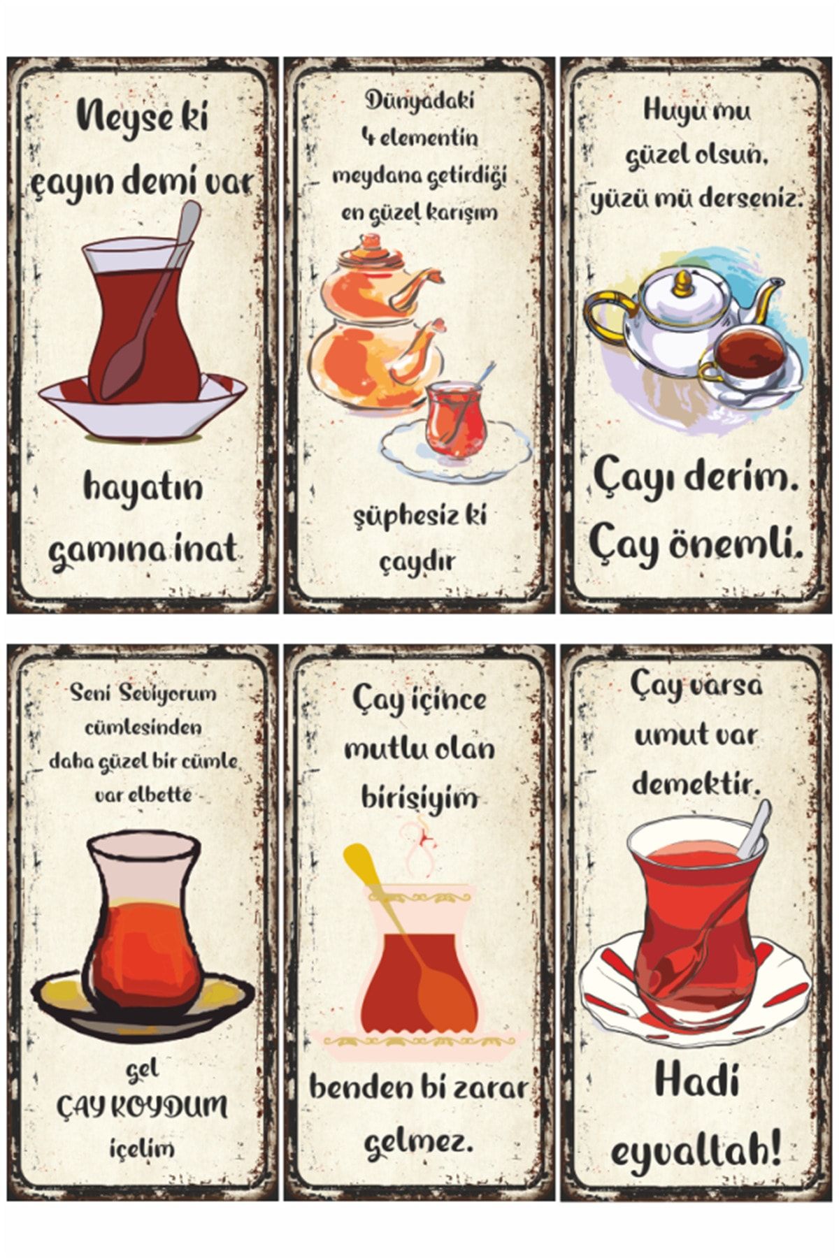 Hayat Poster Çay Sözleri Mutfak Dekorasyonu 6lı Mini Retro Ahşap Poster